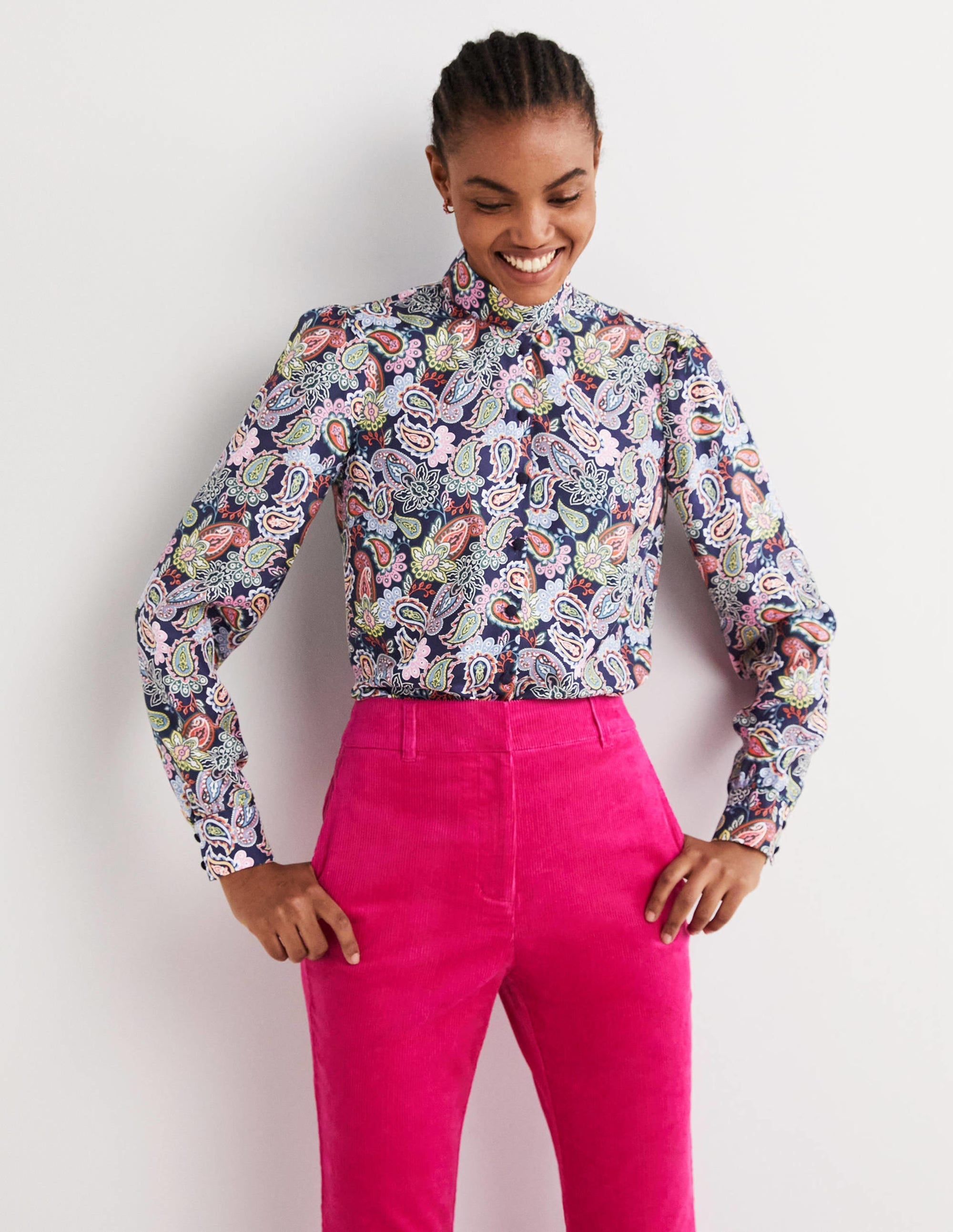 Silk Tie Neck Blouse-Navy, Paisley Charm - Image 1