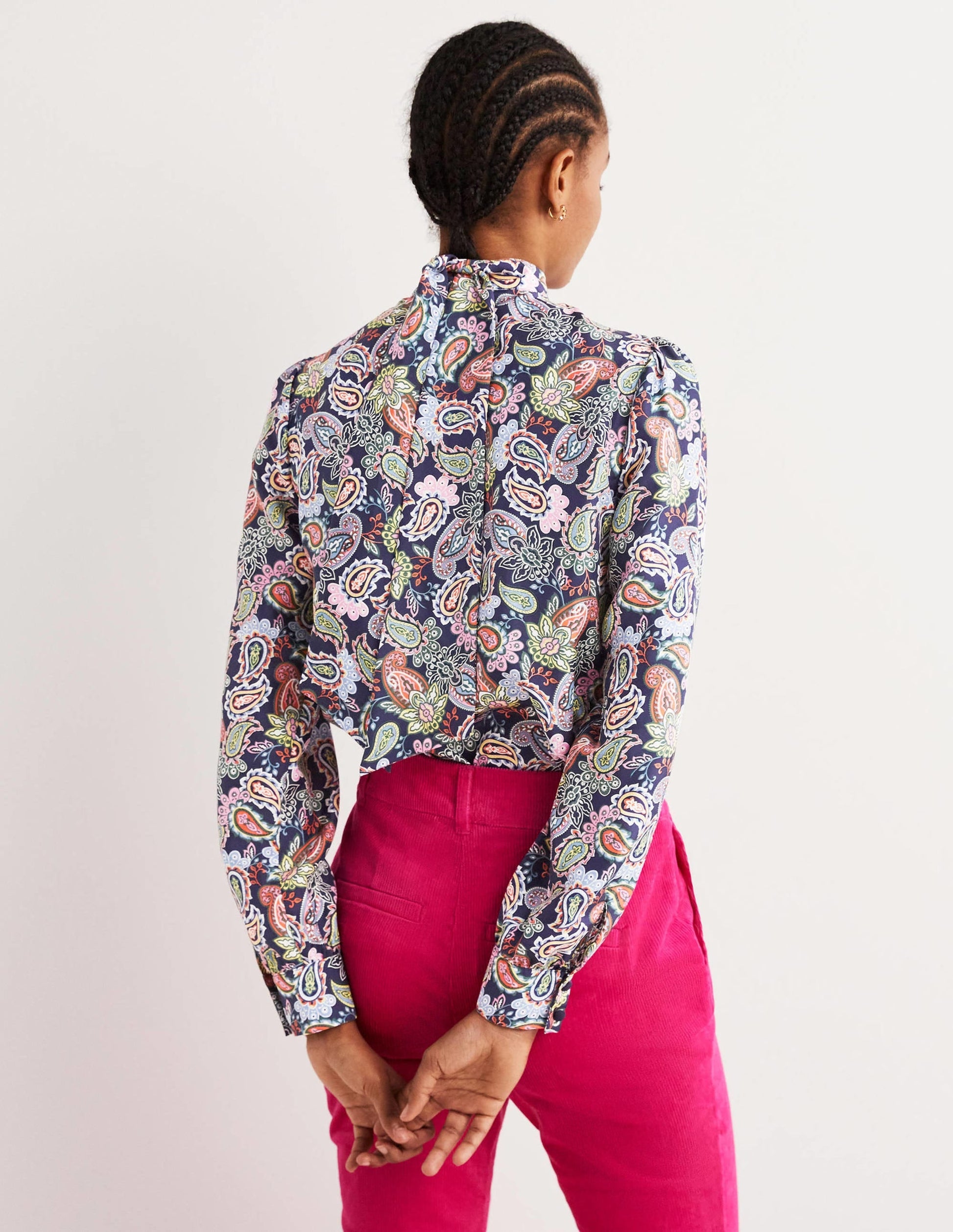 Silk Tie Neck Blouse-Navy, Paisley Charm-3