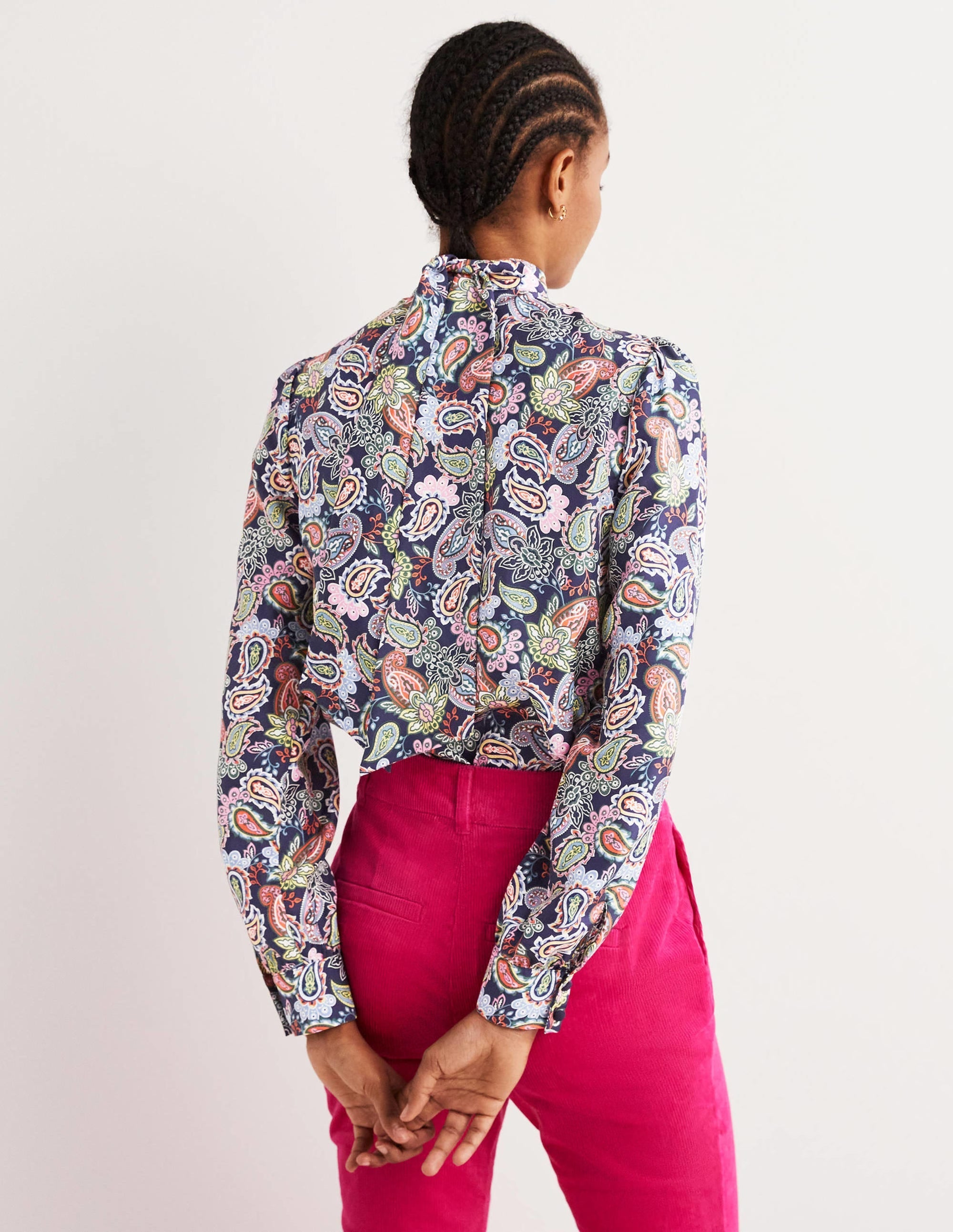 Silk Tie Neck Blouse-Navy, Paisley Charm - Image 3