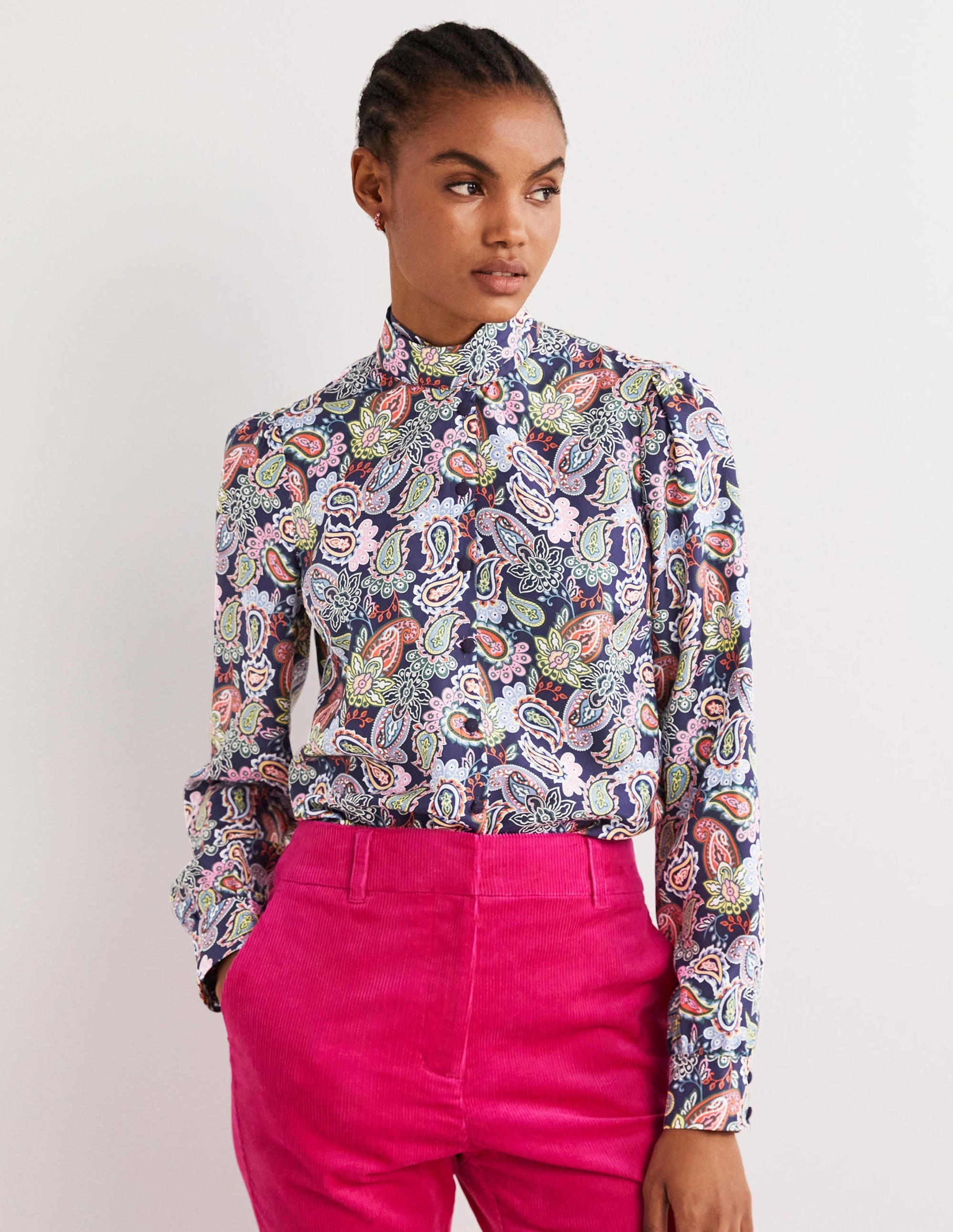 Silk Tie Neck Blouse-Navy, Paisley Charm - Image 4