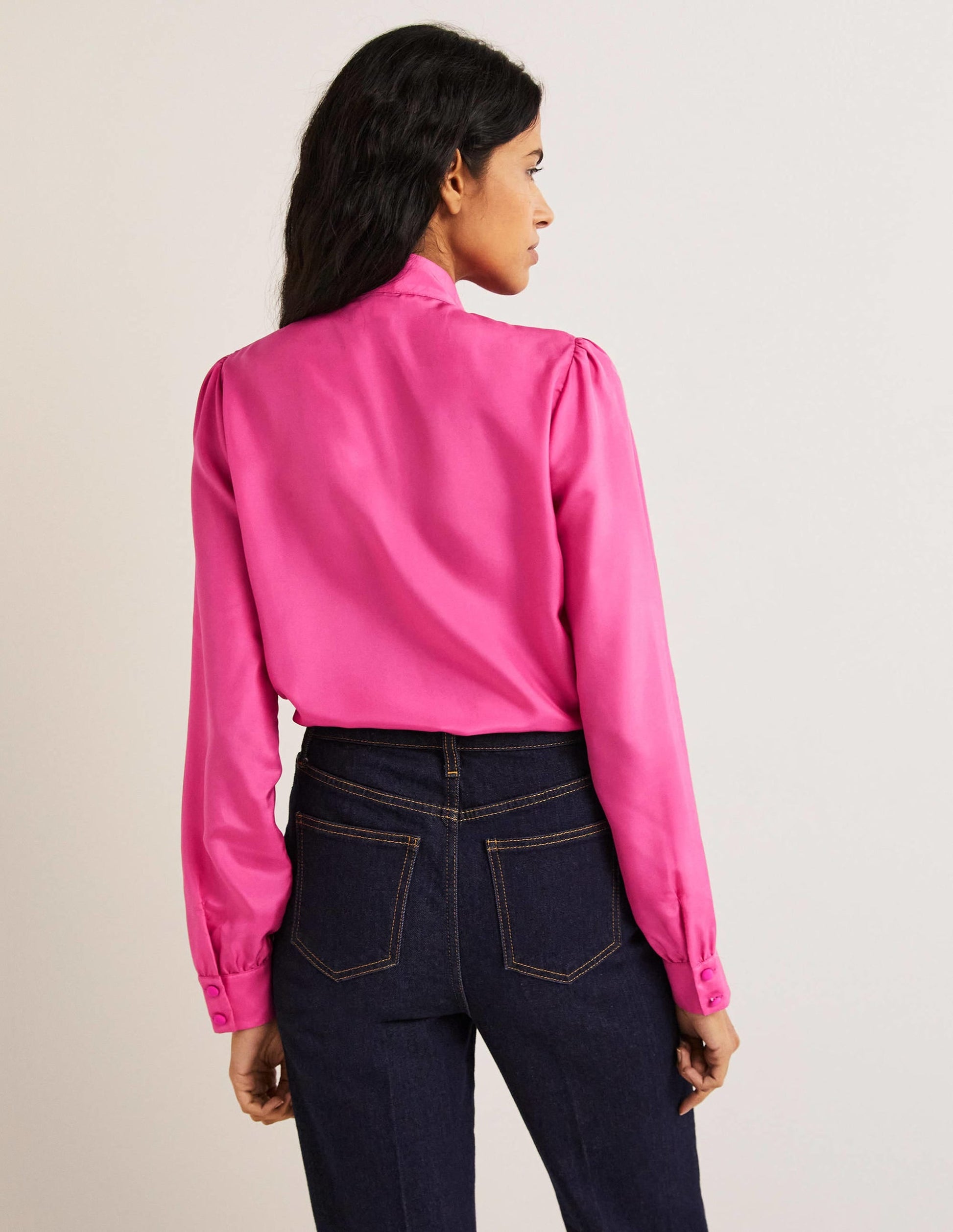Silk Tie Neck Blouse-Wild Watermelon Pink-2