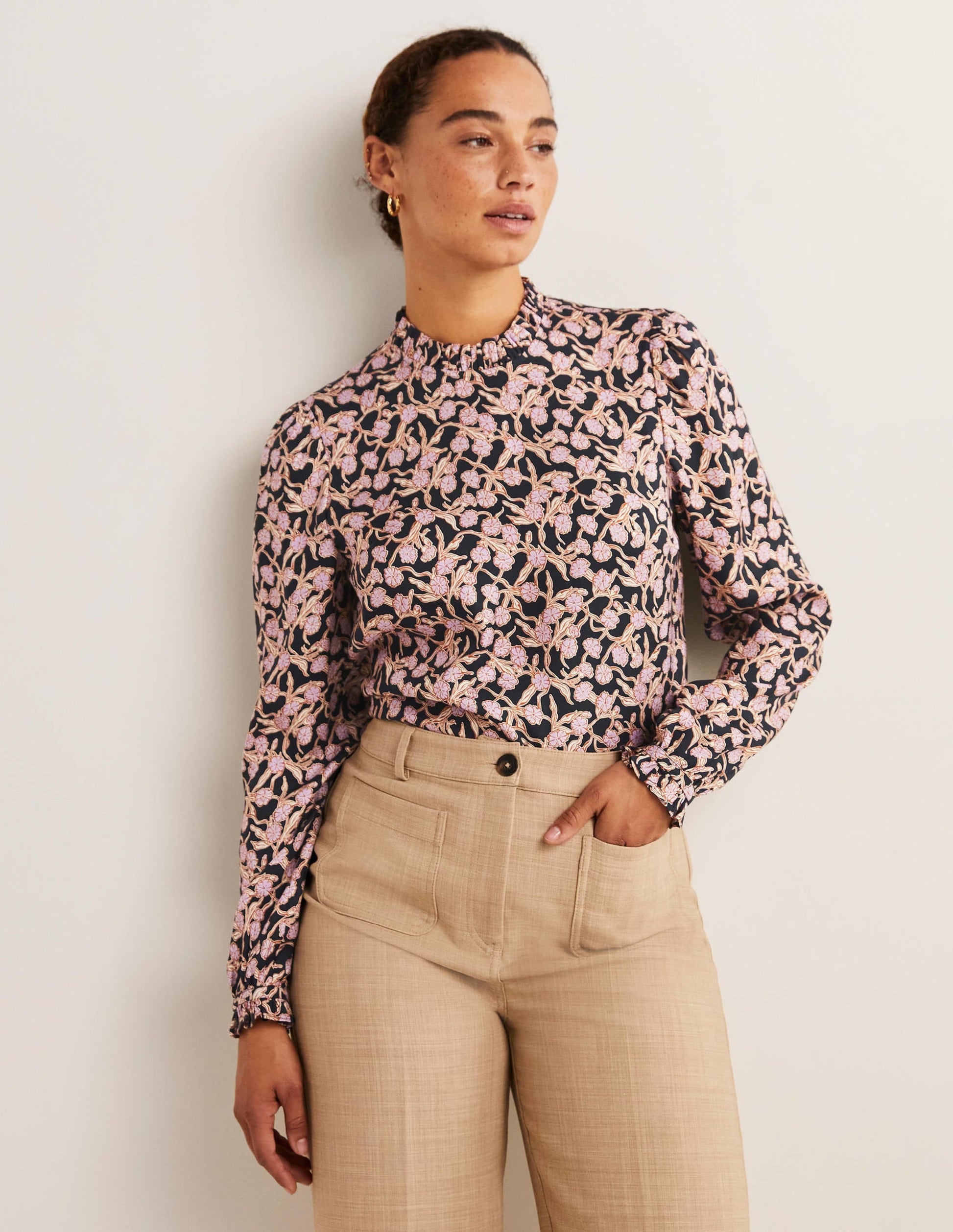 High Neck Ruffle Top-Multi, Petal Vine-1