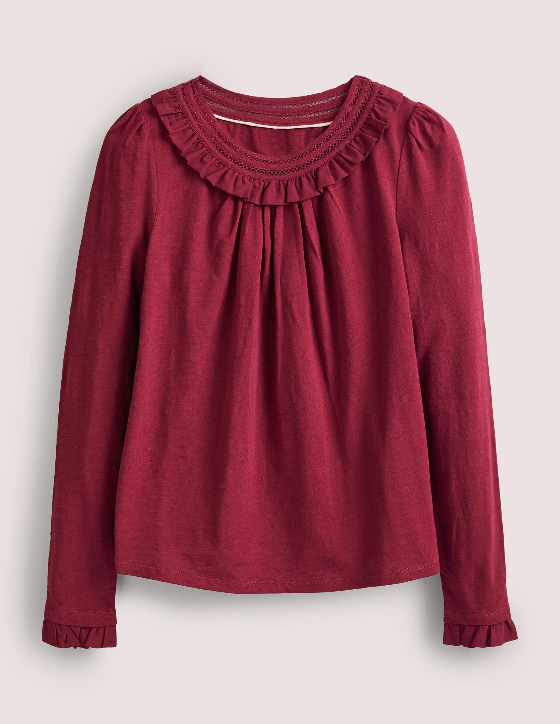 Frill Trim Crew Neck Top-Mulled Wine Purple-5