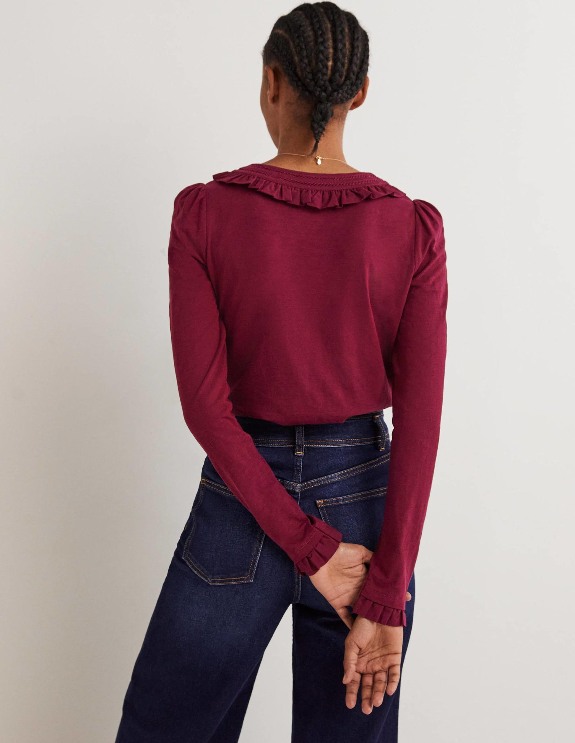 Frill Trim Crew Neck Top-Mulled Wine Purple-3