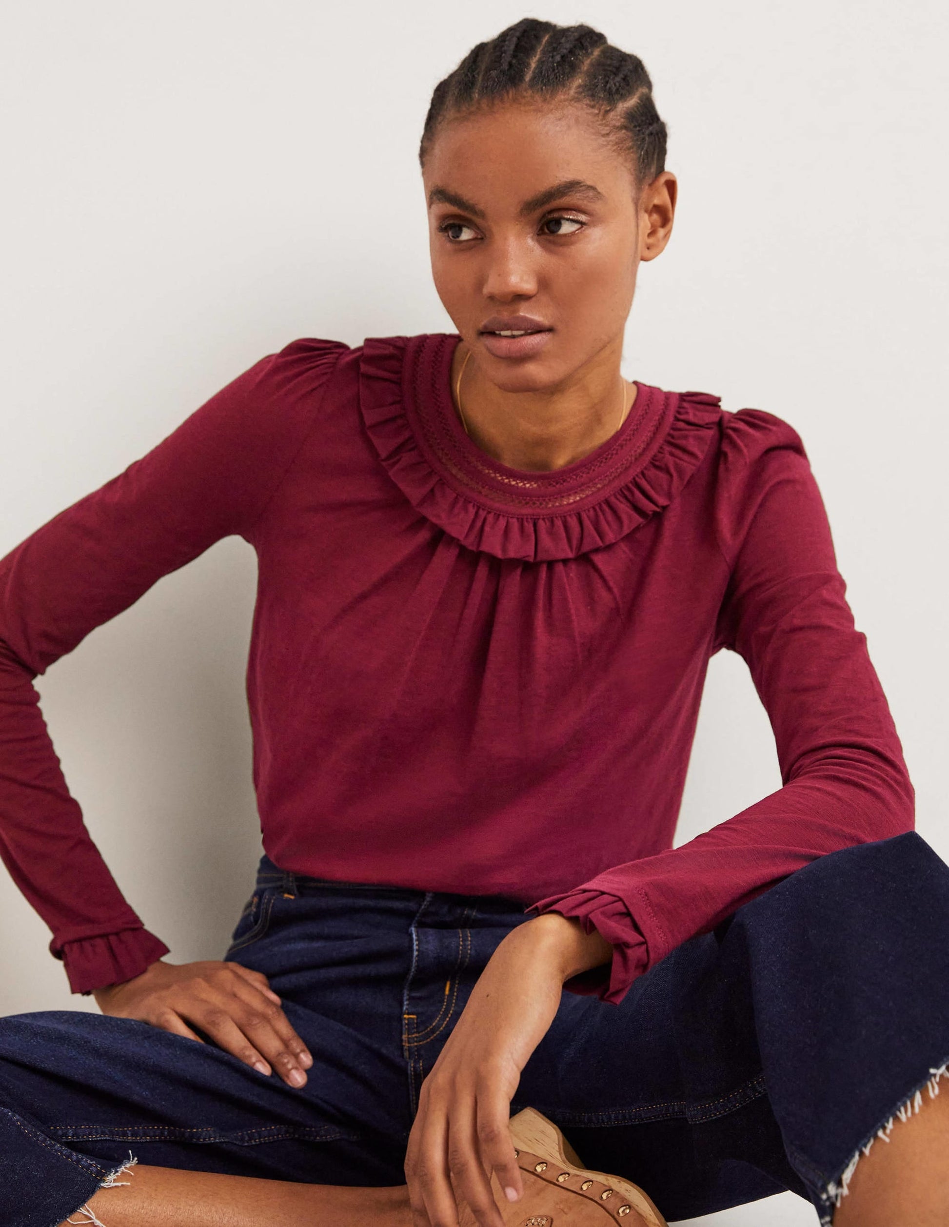 Frill Trim Crew Neck Top-Mulled Wine Purple-4
