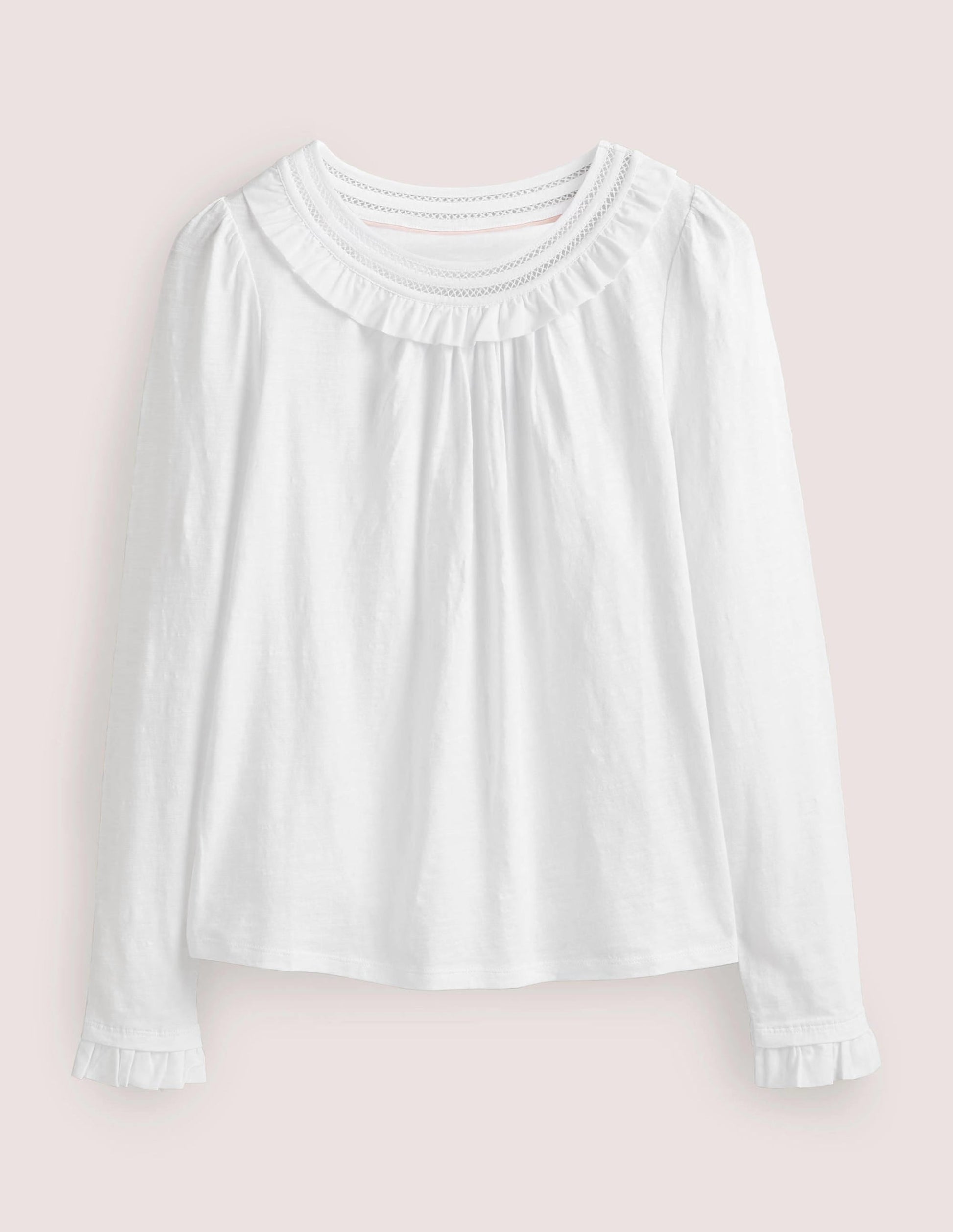 Frill Trim Crew Neck Top-White-6