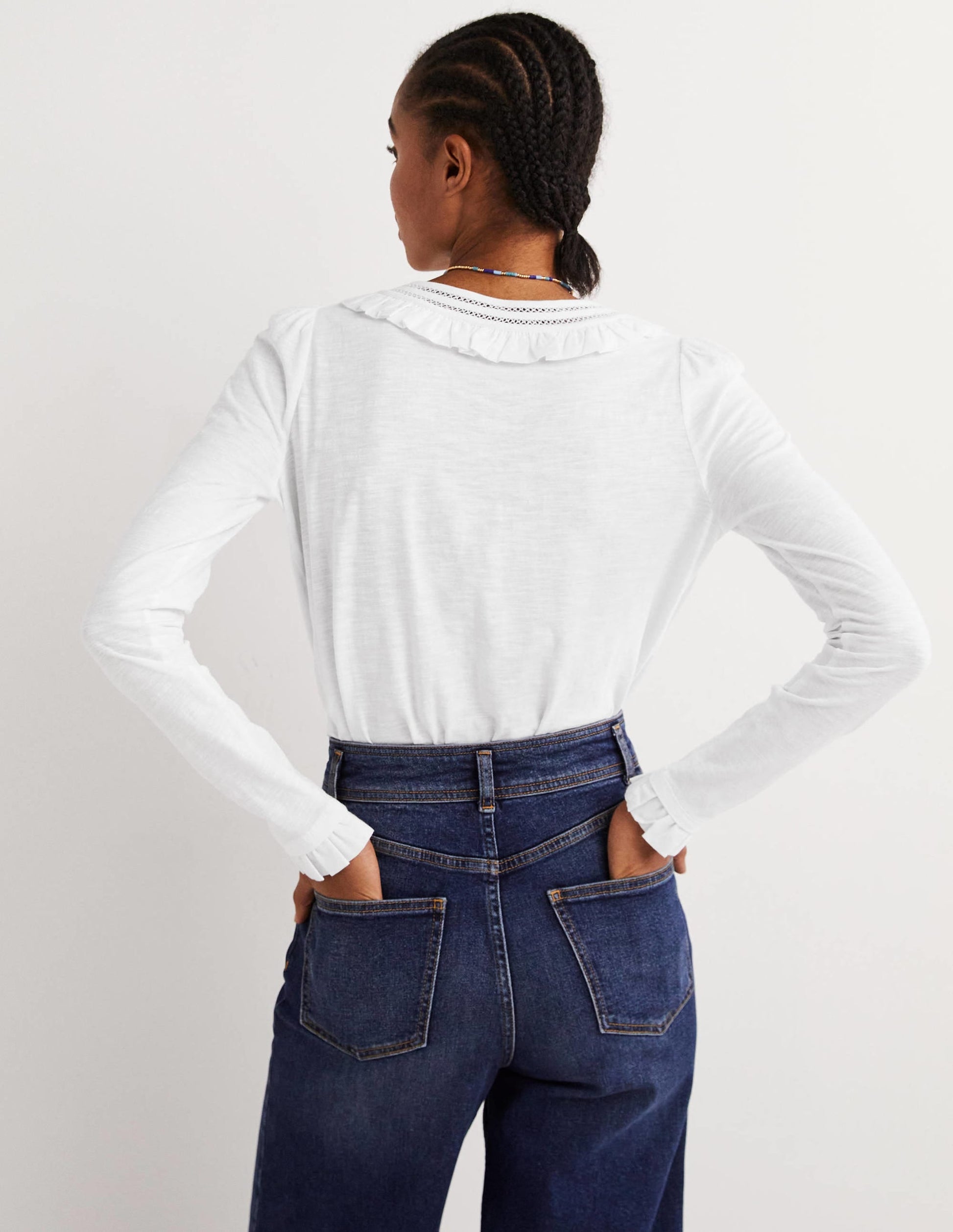 Frill Trim Crew Neck Top-White-3
