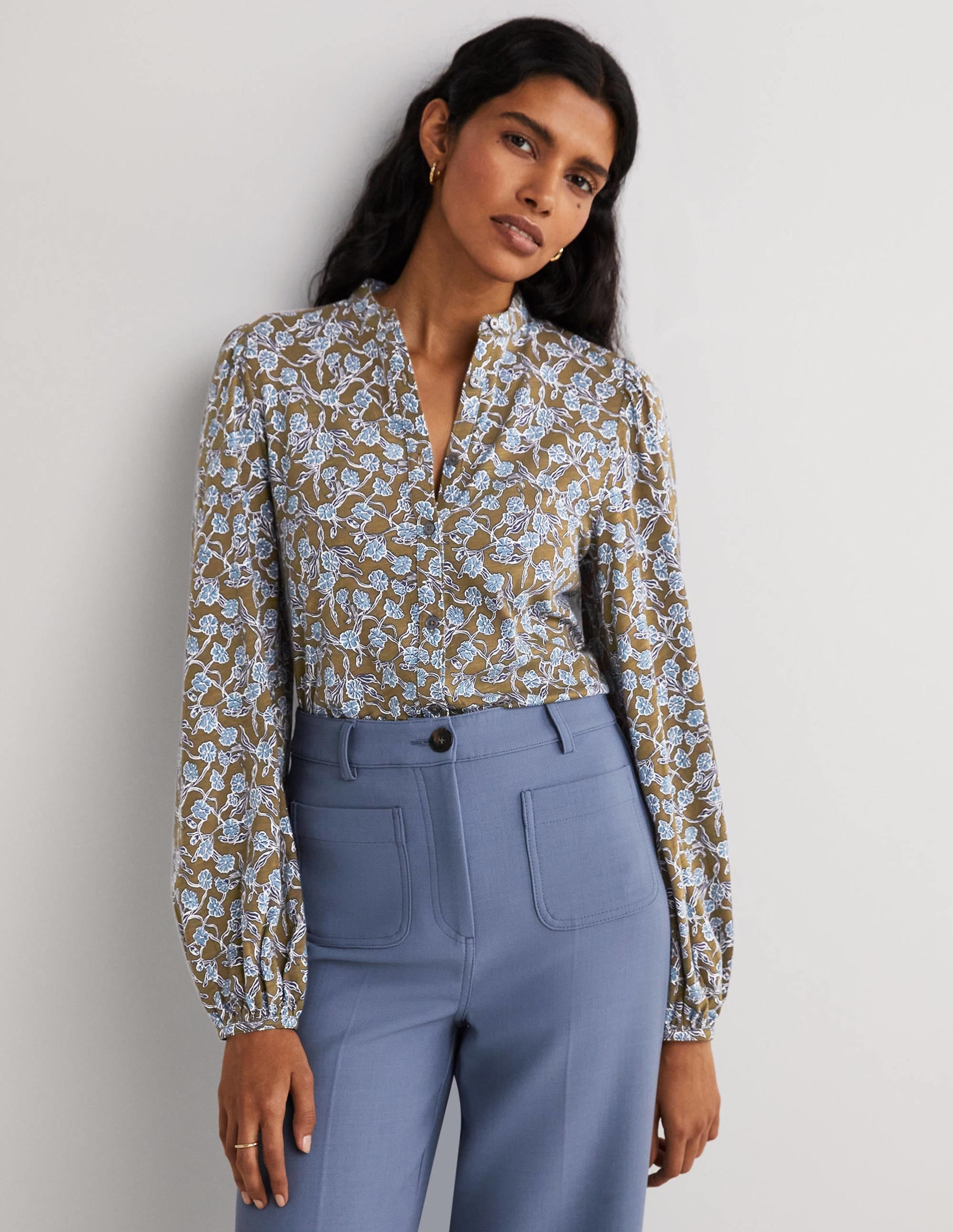 Deep Sleeve Jersey Shirt-Basil, Petal Vine - Image 1