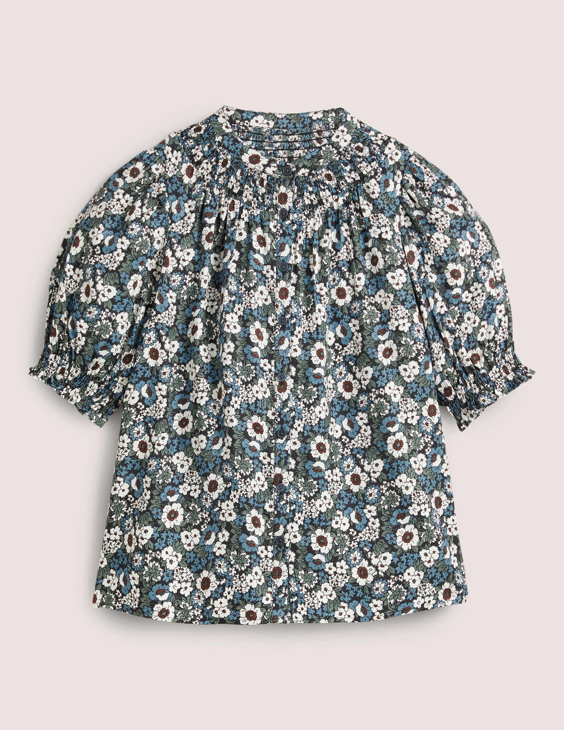 Smocked Silk Blend Blouse-Black, Floral Lawn-10