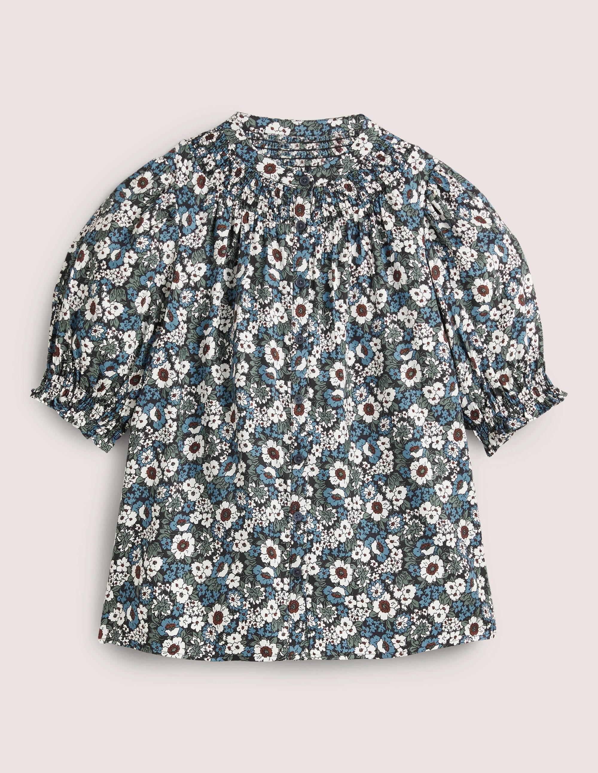 Smocked Silk Blend Blouse-Black, Floral Lawn - Image 10