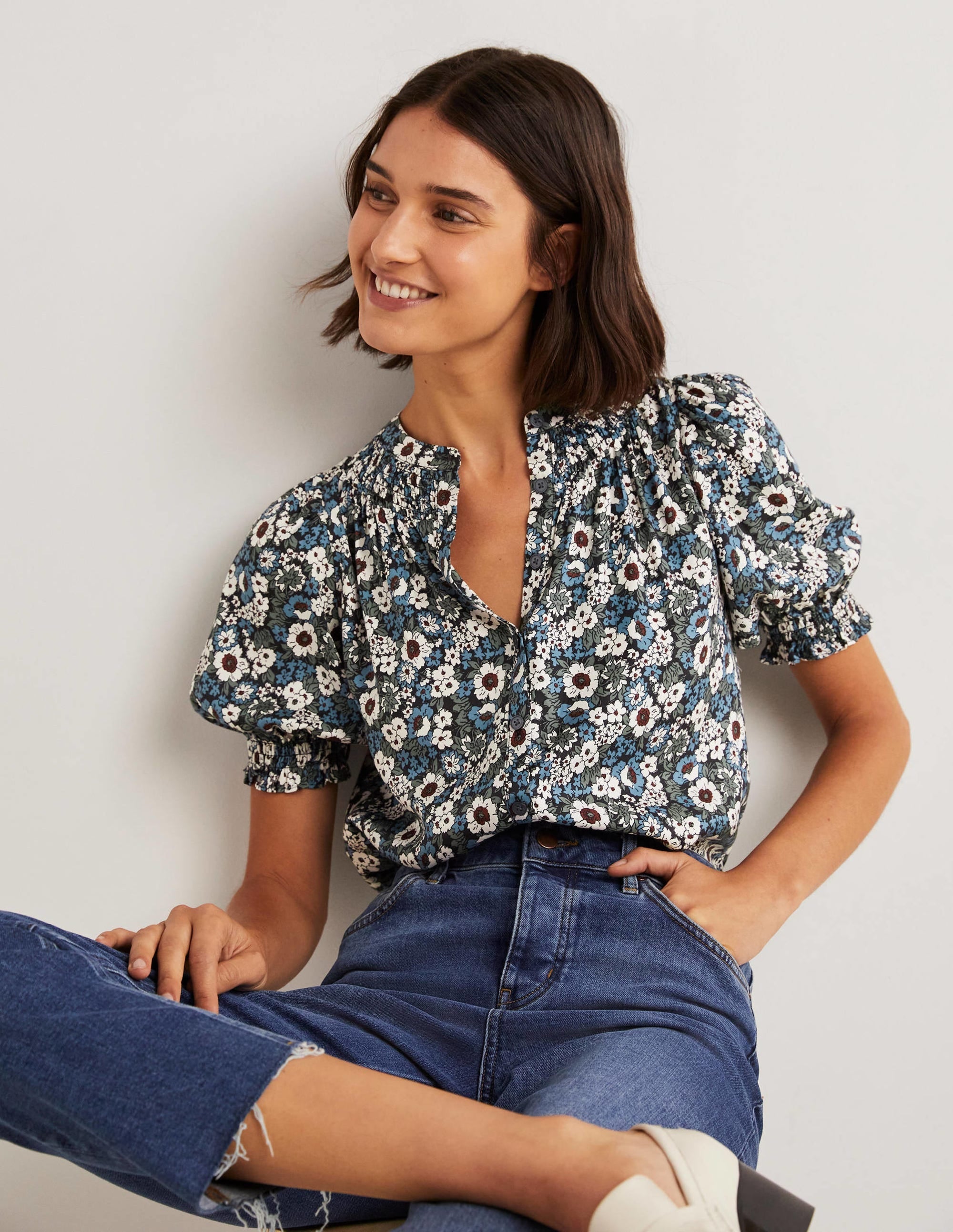 Smocked Silk Blend Blouse-Black, Floral Lawn - Image 1