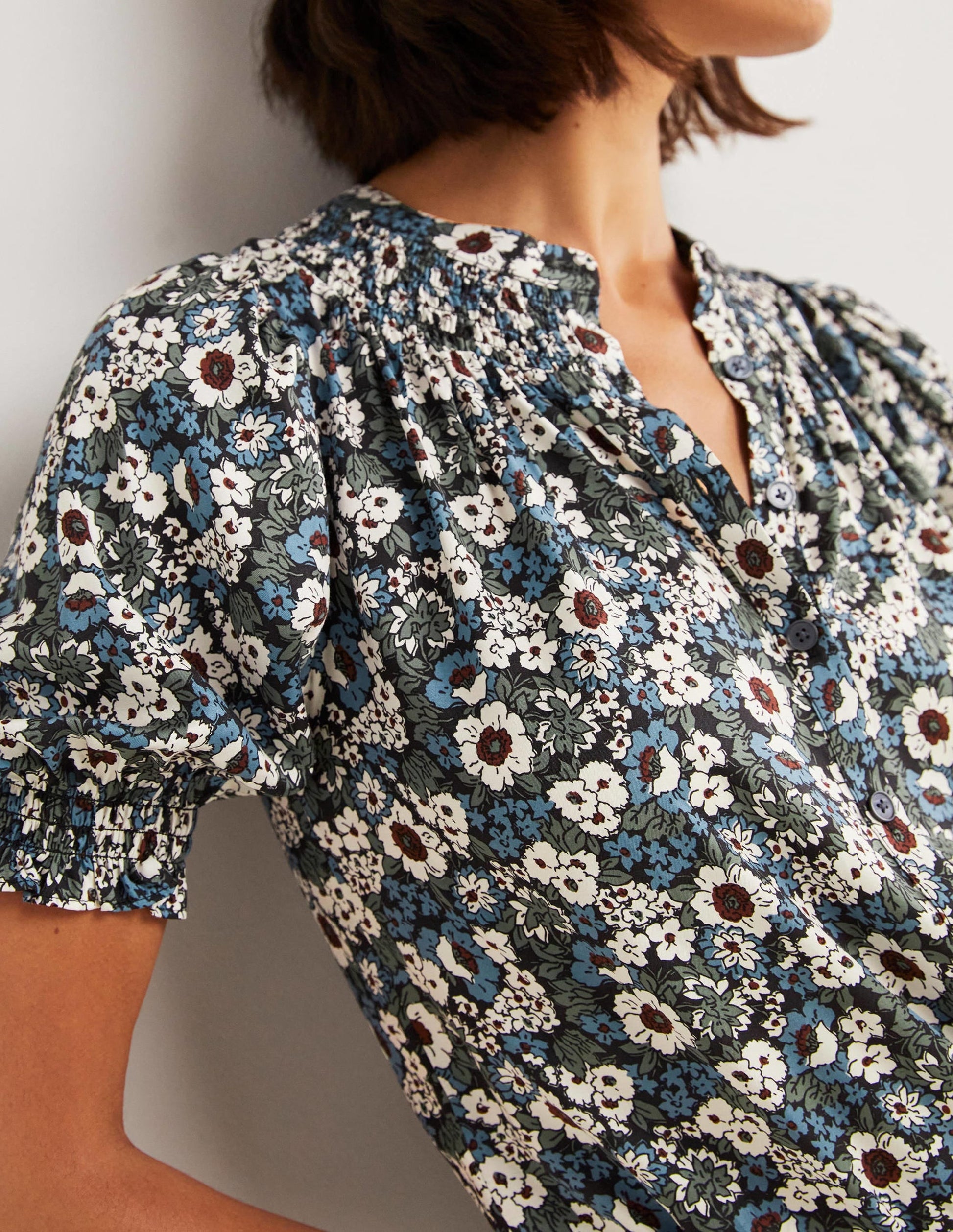 Smocked Silk Blend Blouse-Black, Floral Lawn-2
