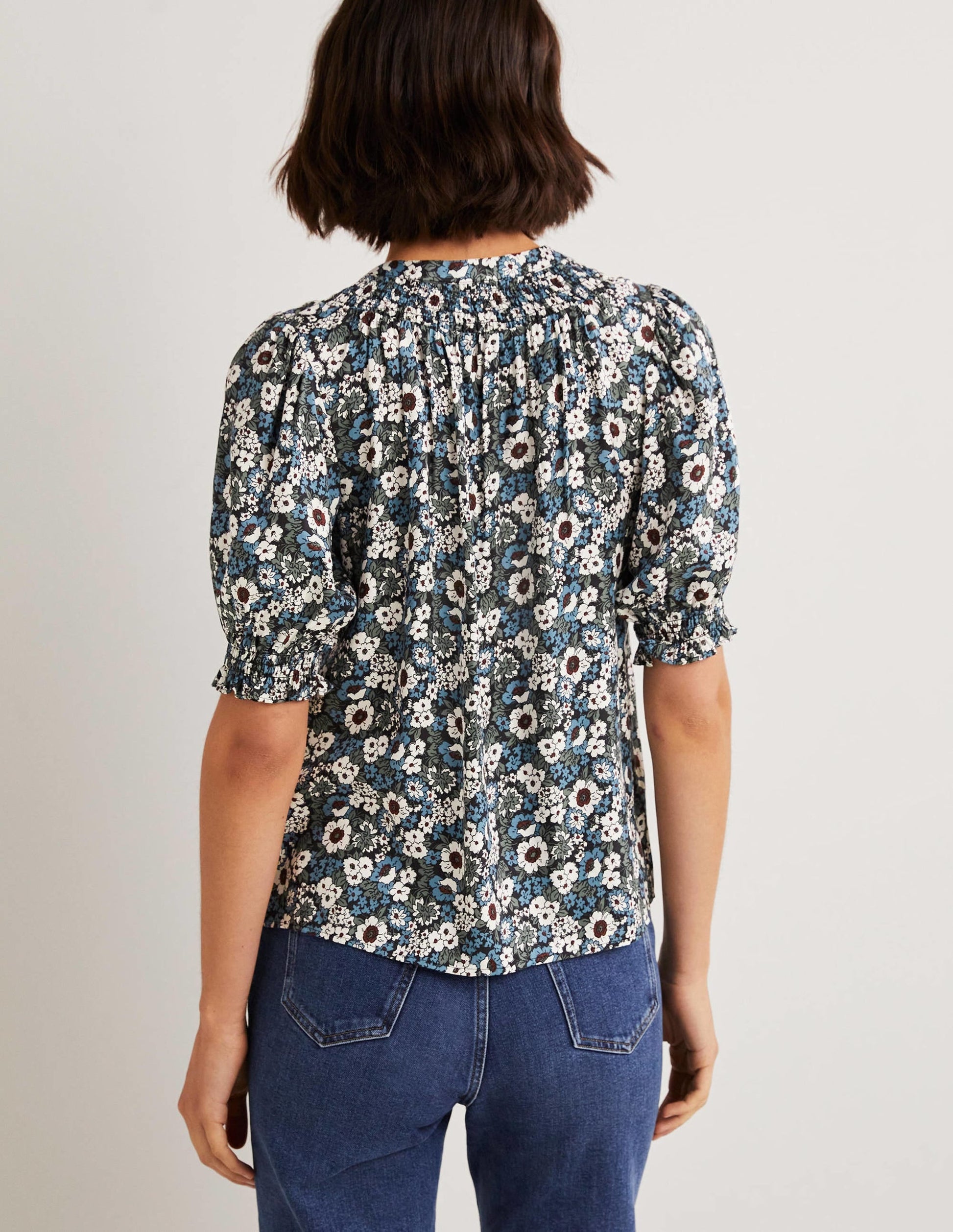 Smocked Silk Blend Blouse-Black, Floral Lawn-3