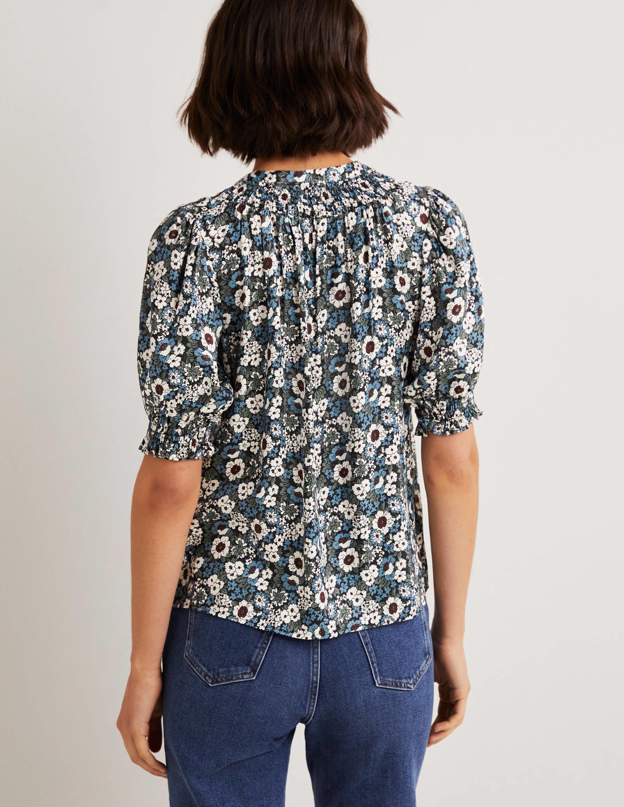 Smocked Silk Blend Blouse-Black, Floral Lawn - Image 3