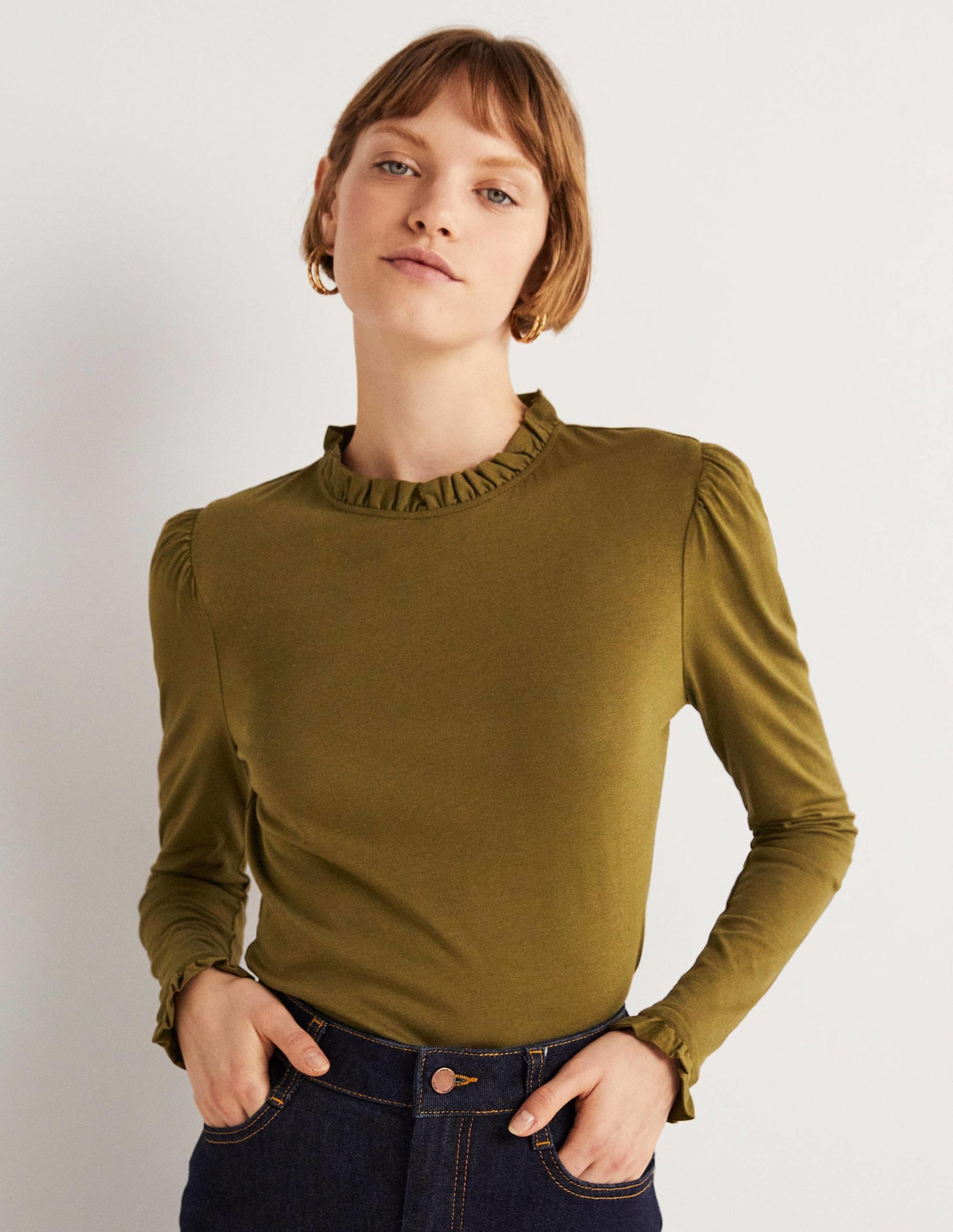 Supersoft Frill Detail Top-Basil-1
