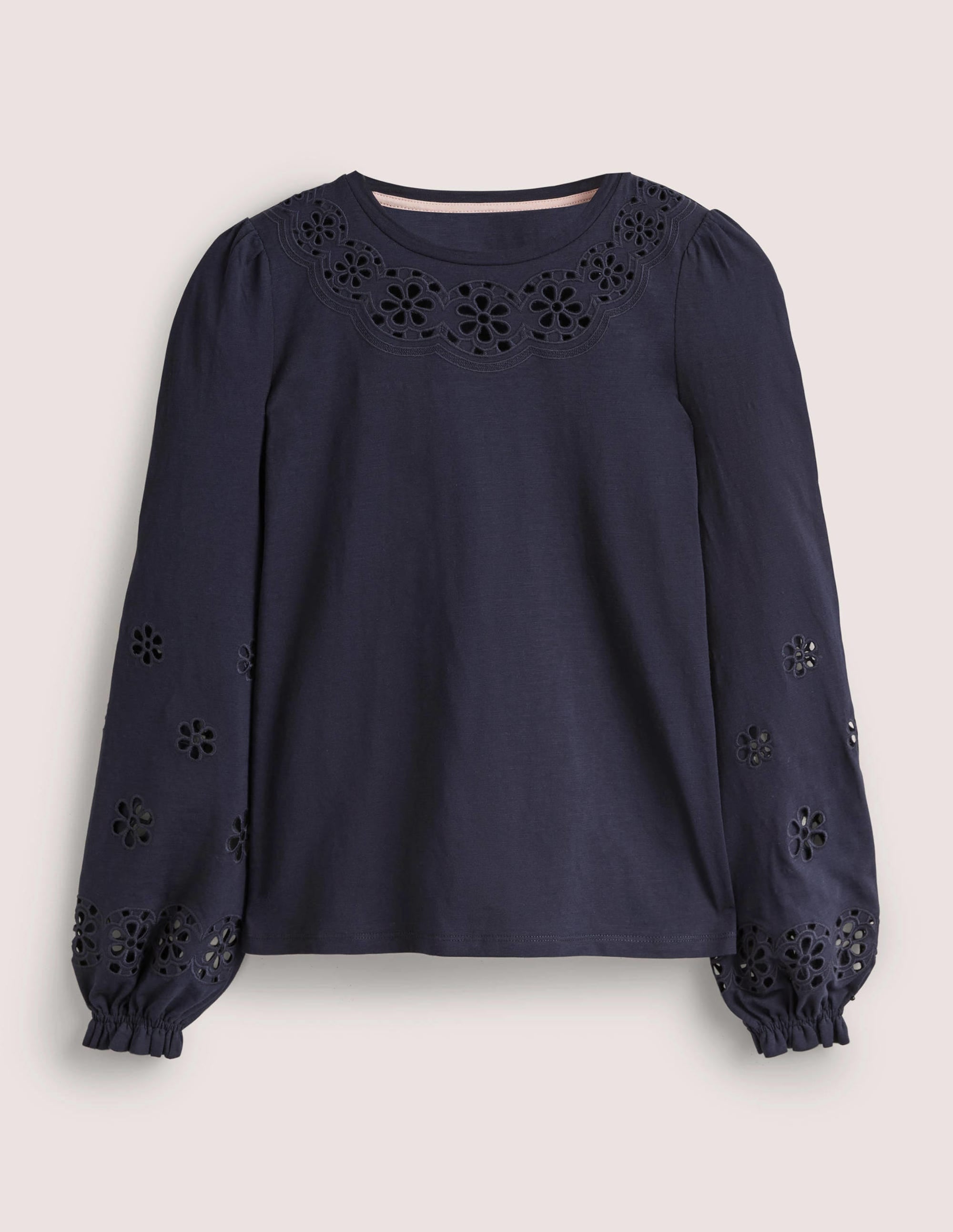 Broderie Insert Jersey Top-Navy - Image 5