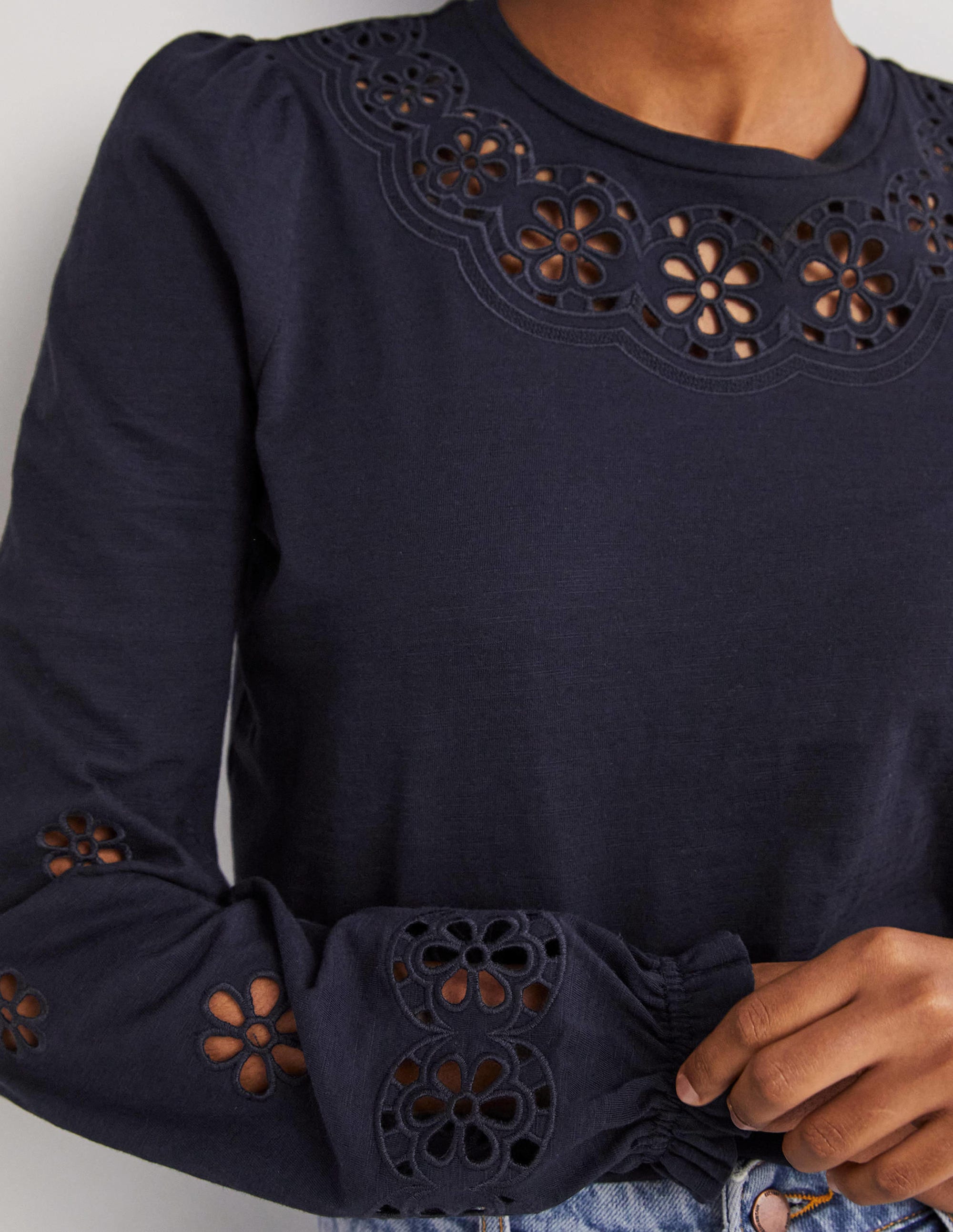 Broderie Insert Jersey Top-Navy - Image 2