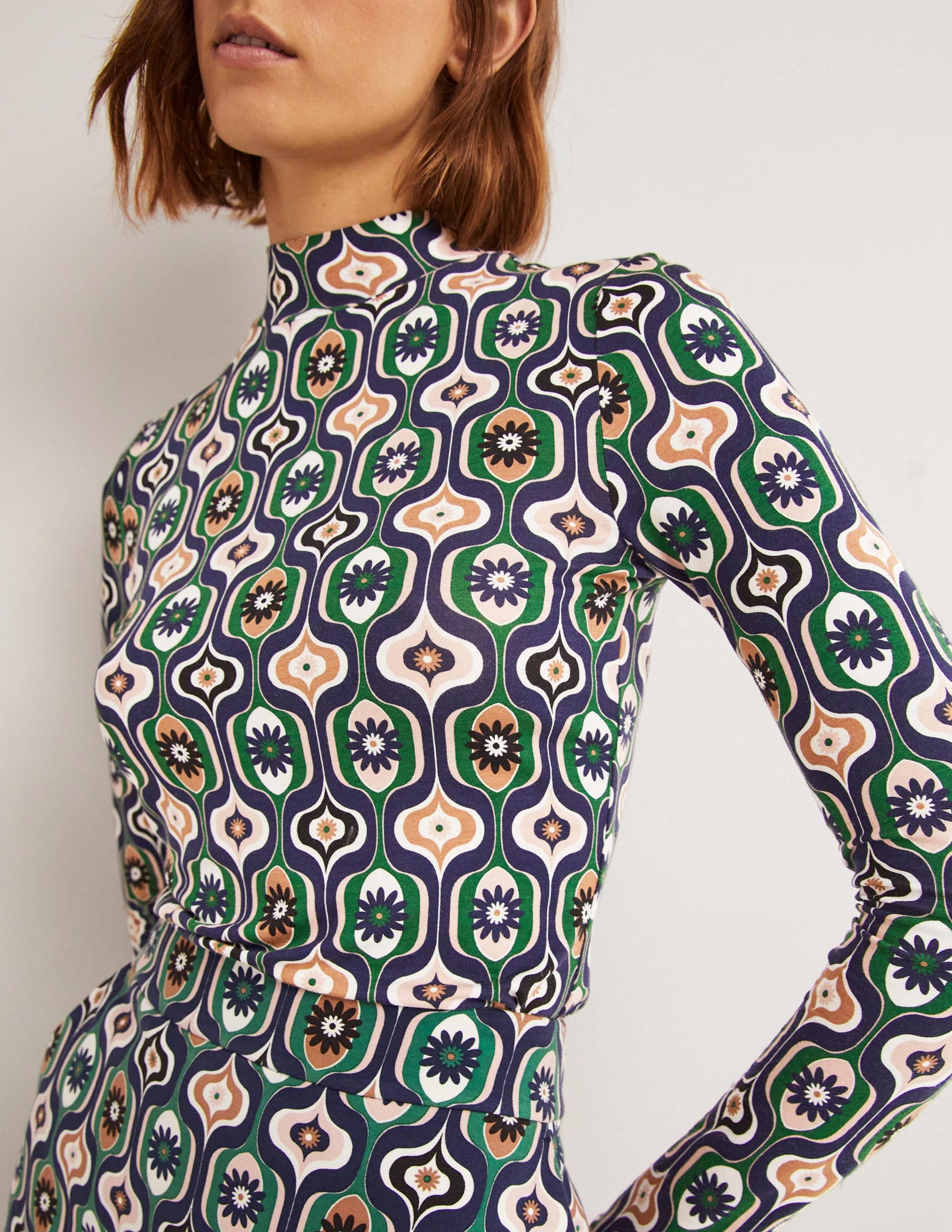 Jersey High Neck Top-Multi, Geo Swirl-2