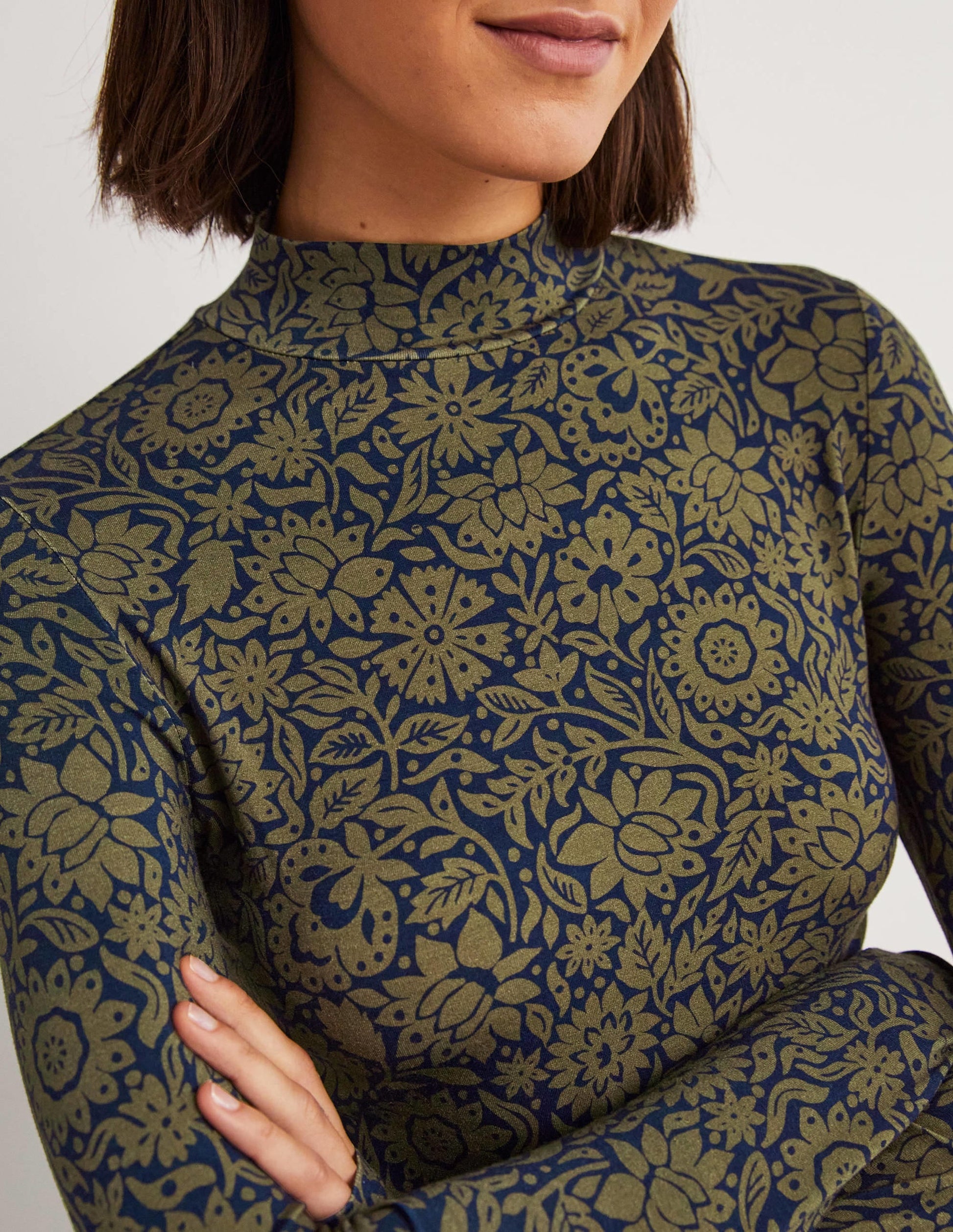 Jersey High Neck Top-Basil, Foliage Bloom-3