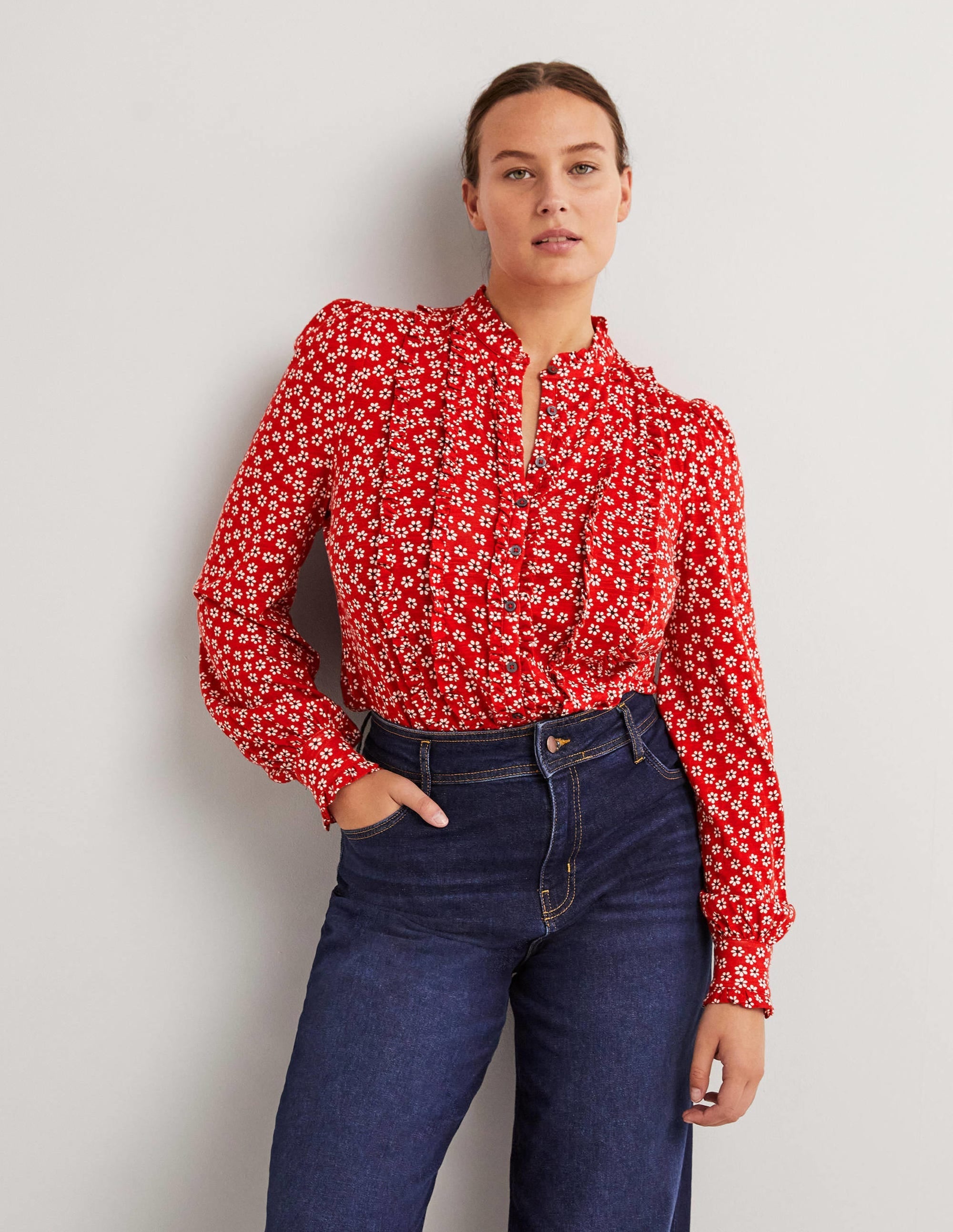 Ruffle Jersey Shirt-Poinsettia, Daises - Image 1