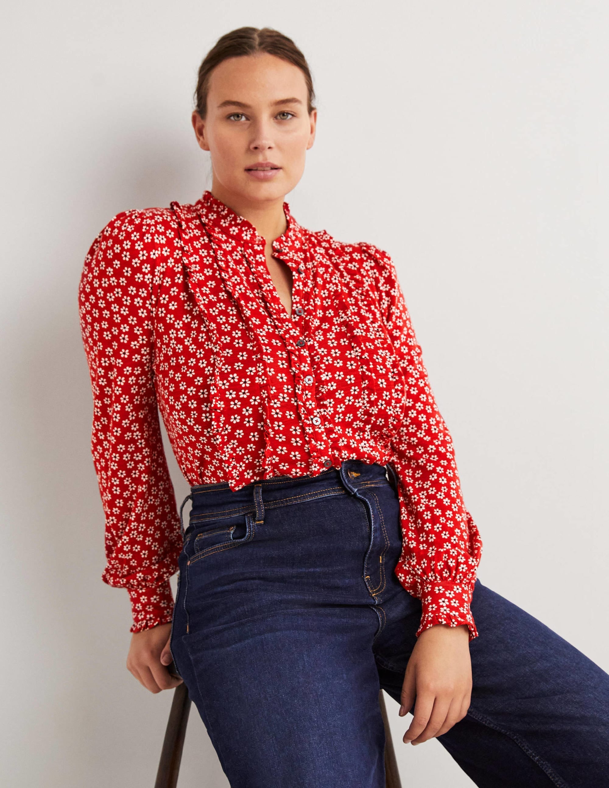 Ruffle Jersey Shirt-Poinsettia, Daises - Image 4