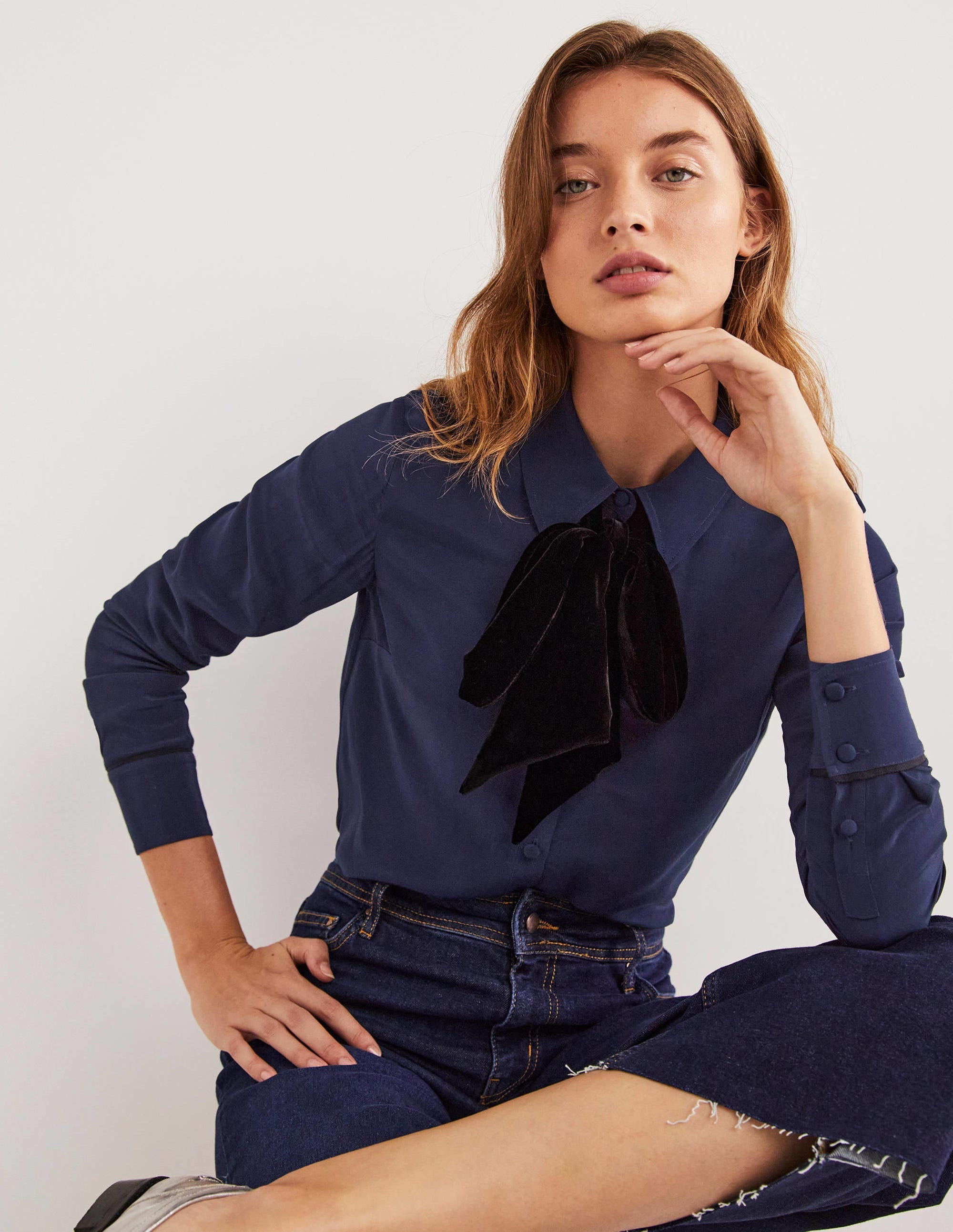 Bow Detail Classic Shirt-Navy - Image 1