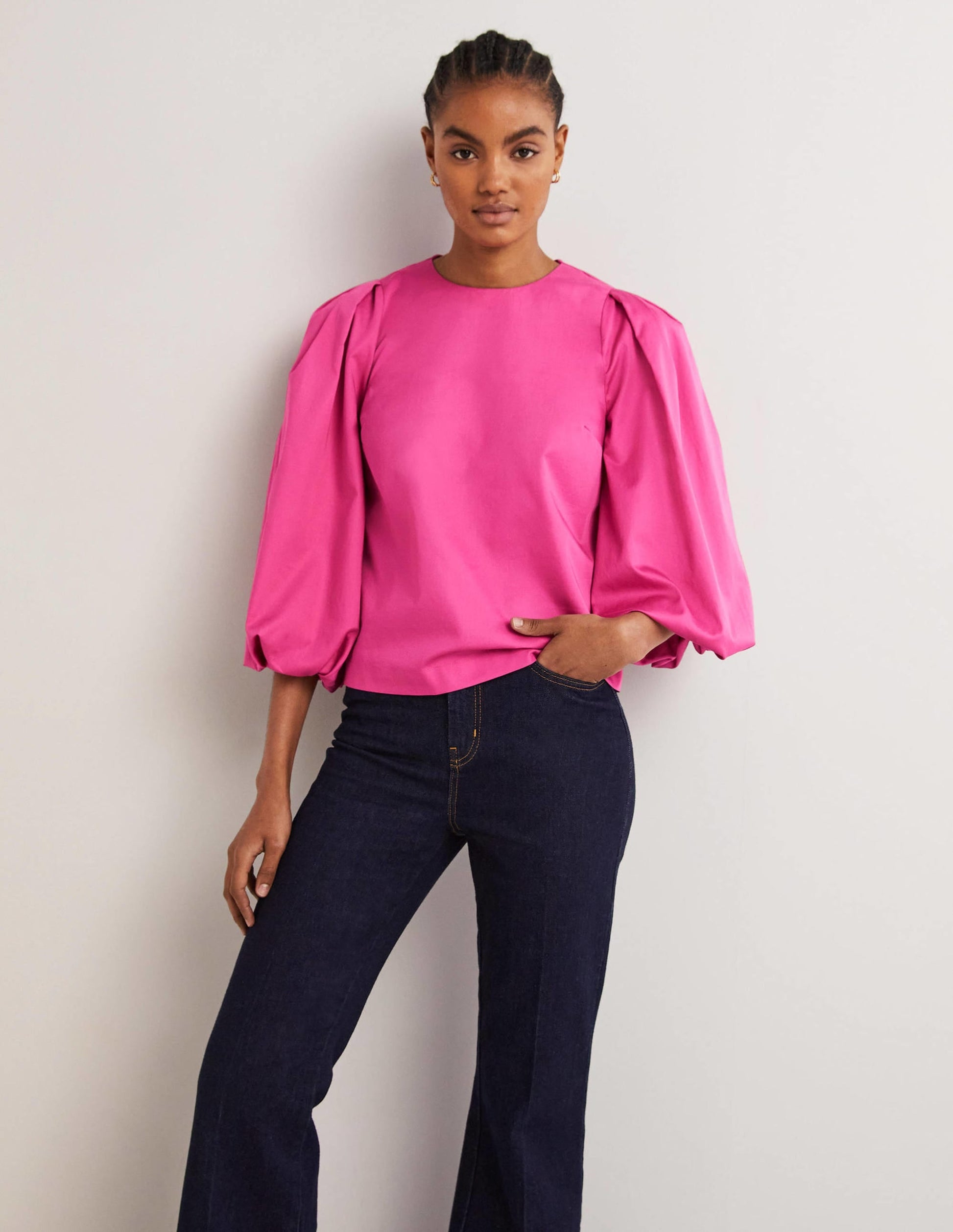 Puff Sleeve Cotton Top-Wild Watermelon Pink-4