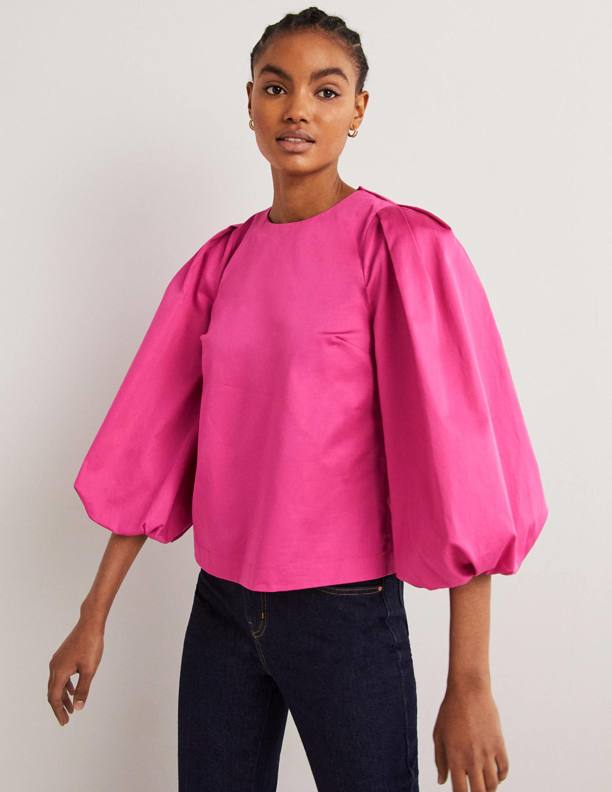Puff Sleeve Cotton Top-Wild Watermelon Pink-5