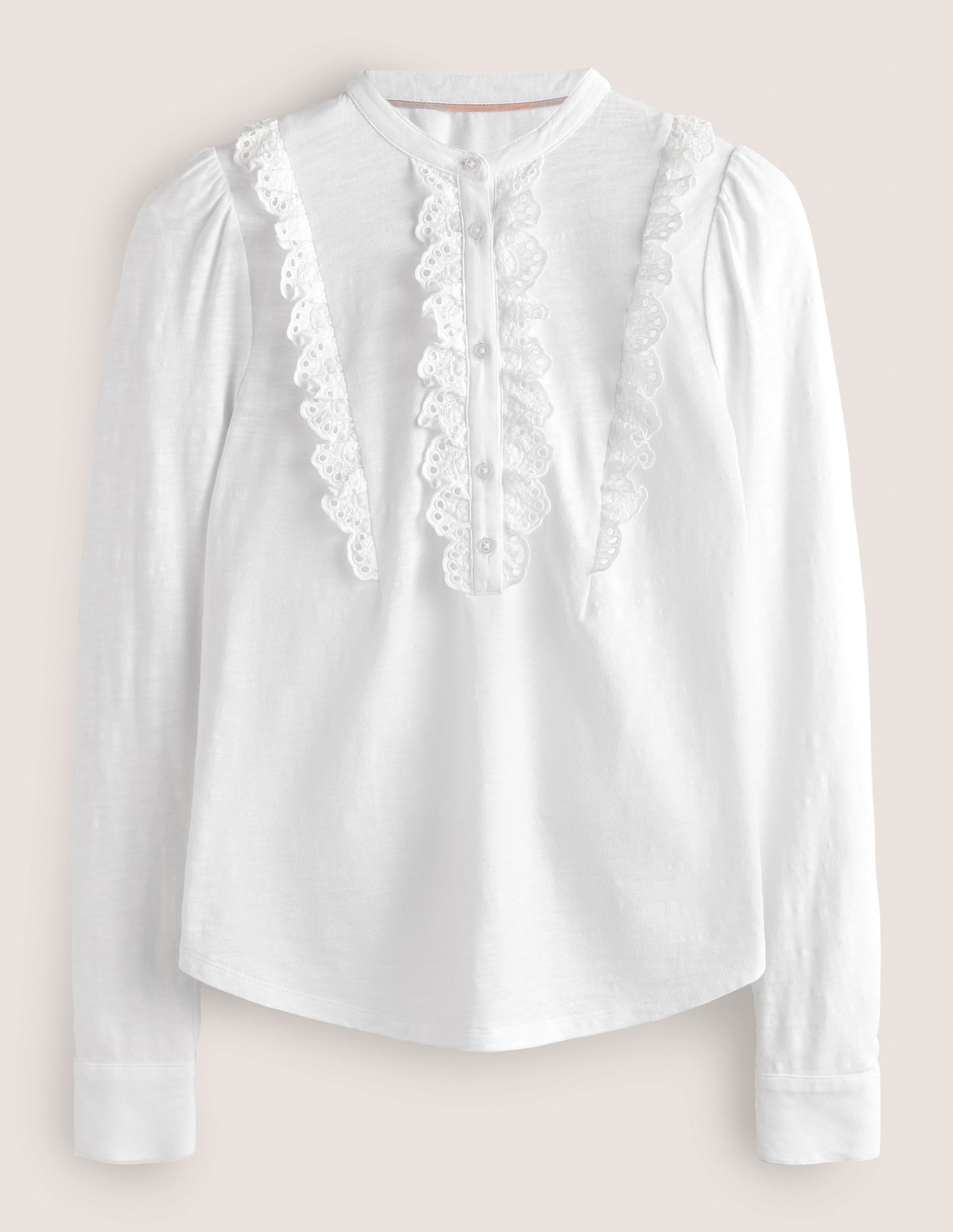 Broderie Ruffle Jersey Top-White-6