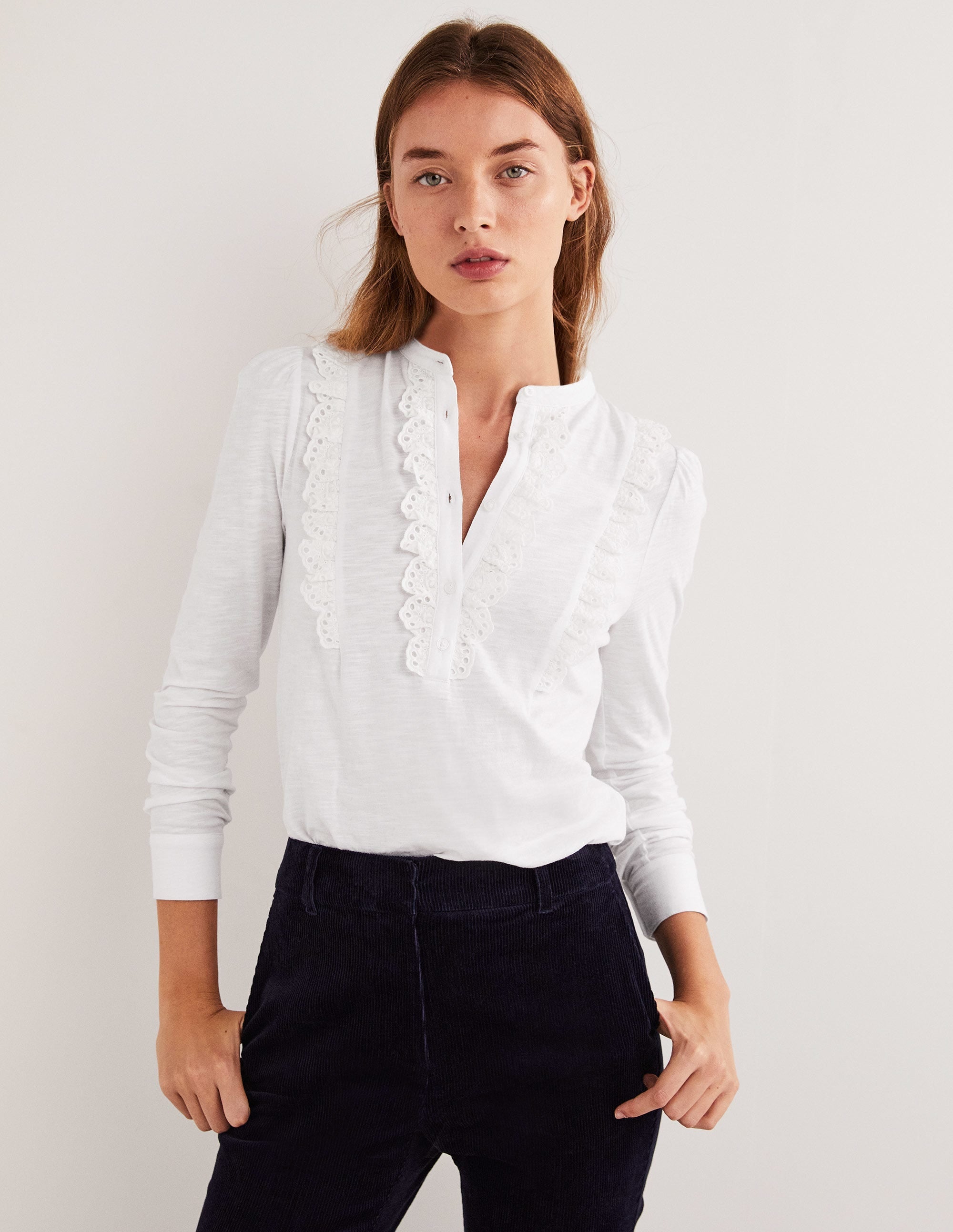Broderie Ruffle Jersey Top-White - Image 1