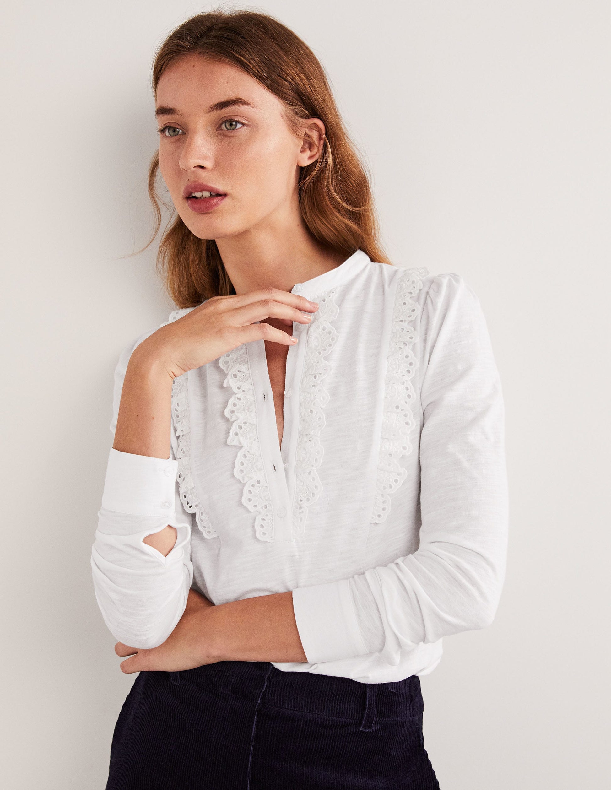 Broderie Ruffle Jersey Top-White-4