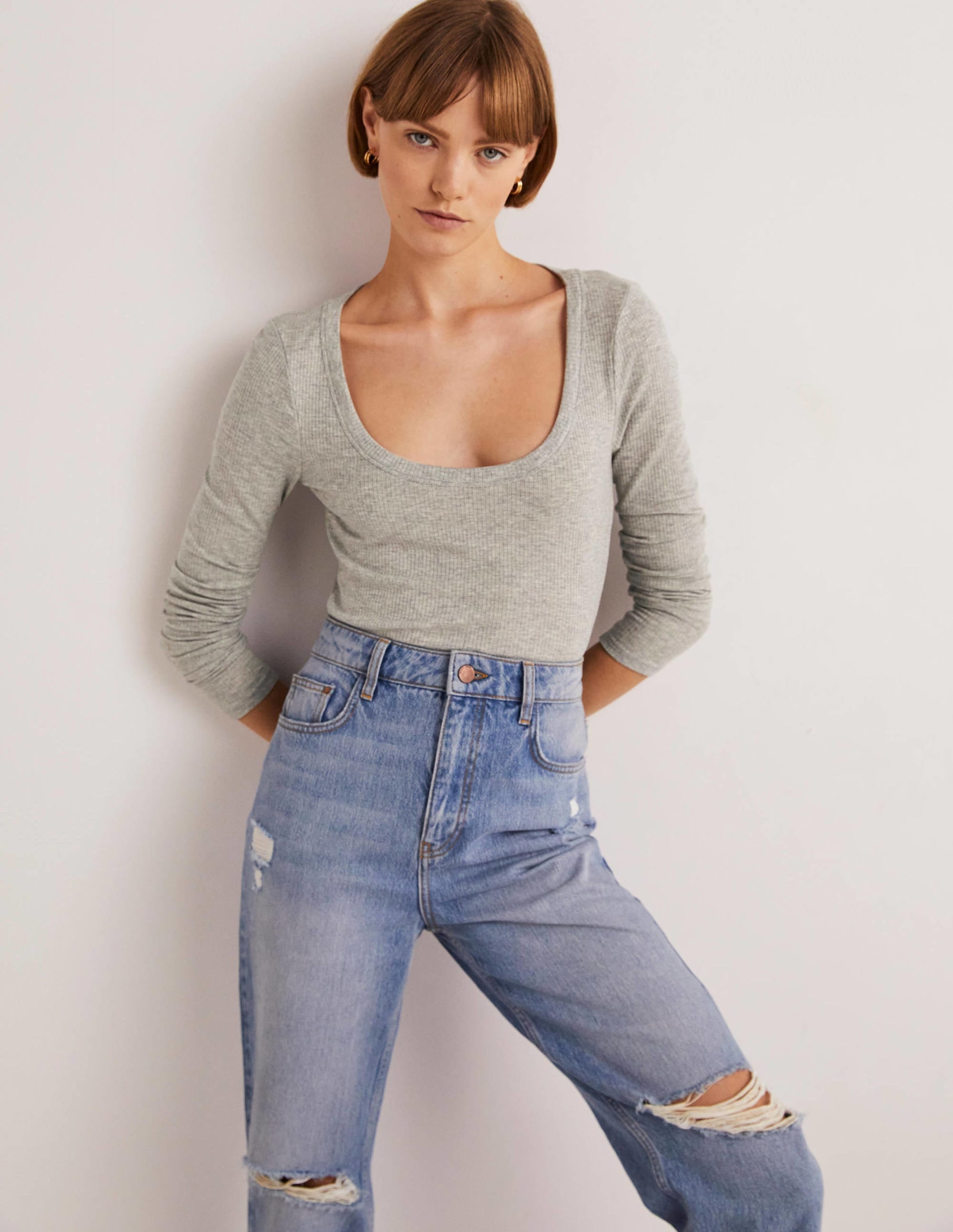 Soft Ribbed Scoop Neck Top-Grey Marl - Image 1