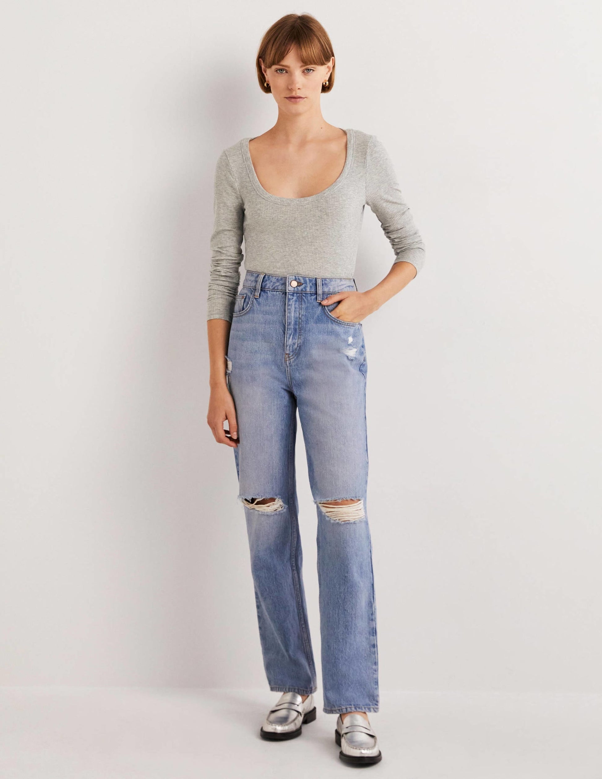 Soft Ribbed Scoop Neck Top-Grey Marl-4