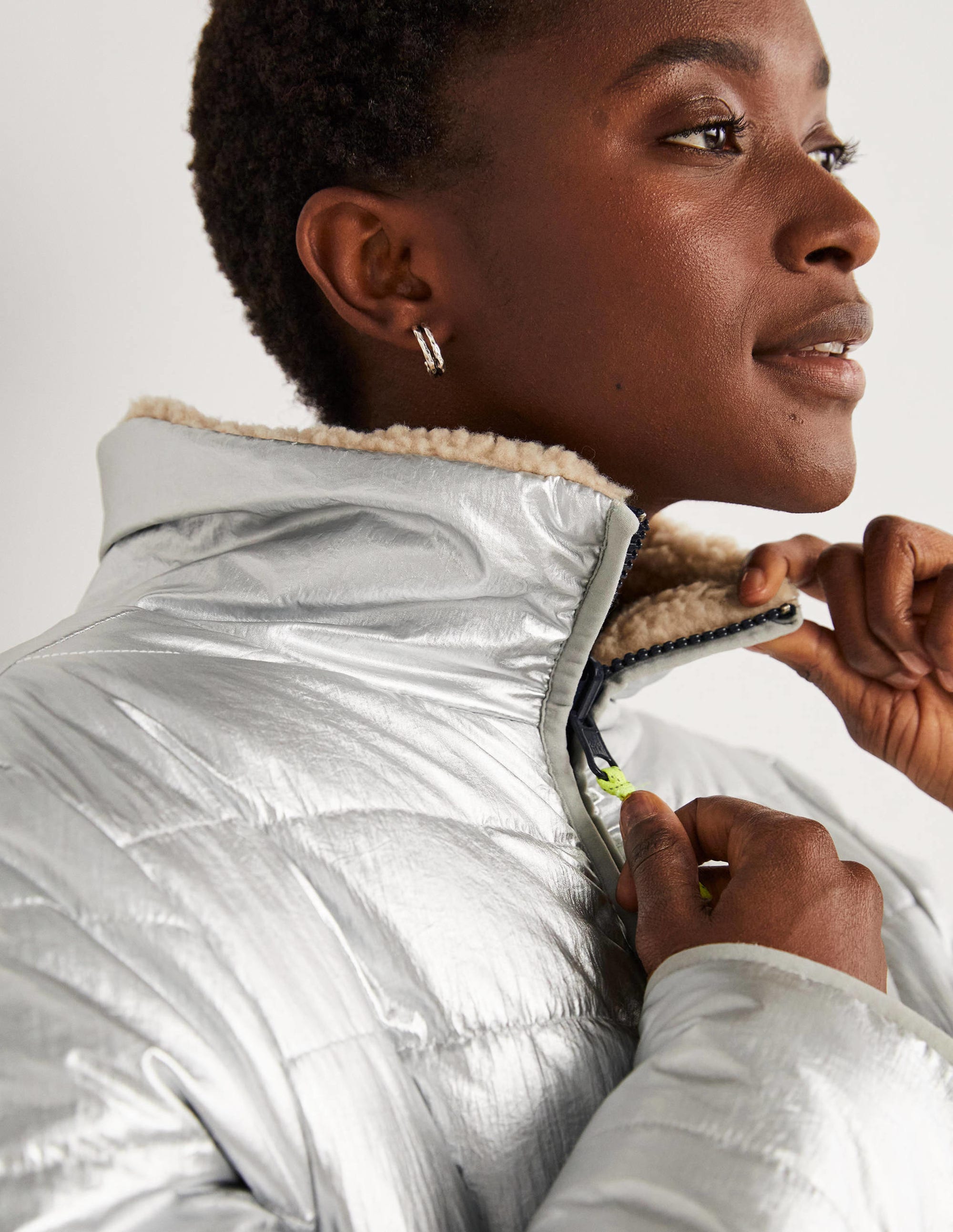 Reversible Borg Puffer Jacket-Silver Metallic - Image 5