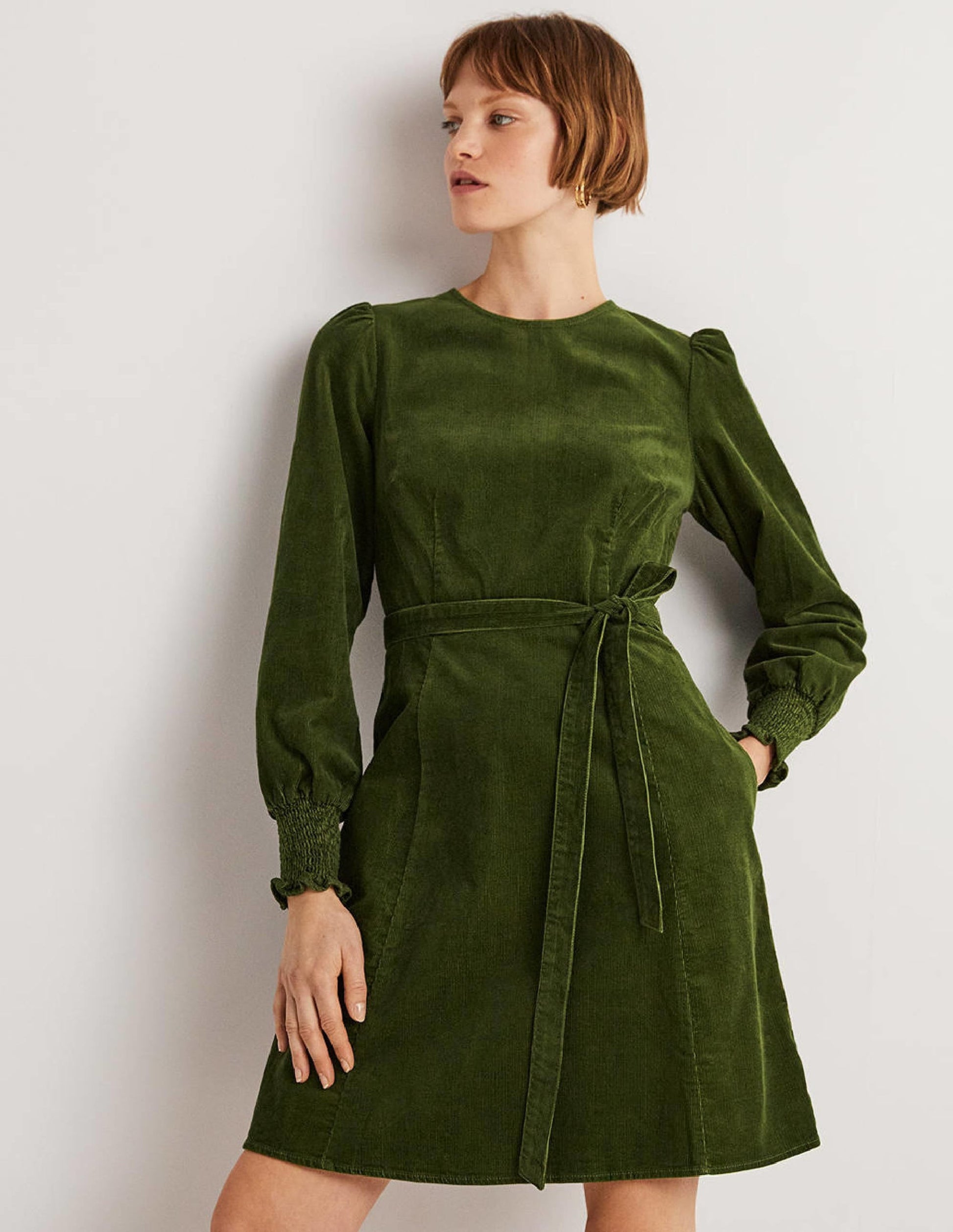Smocked Cuff Corduroy Dress-Kale-1