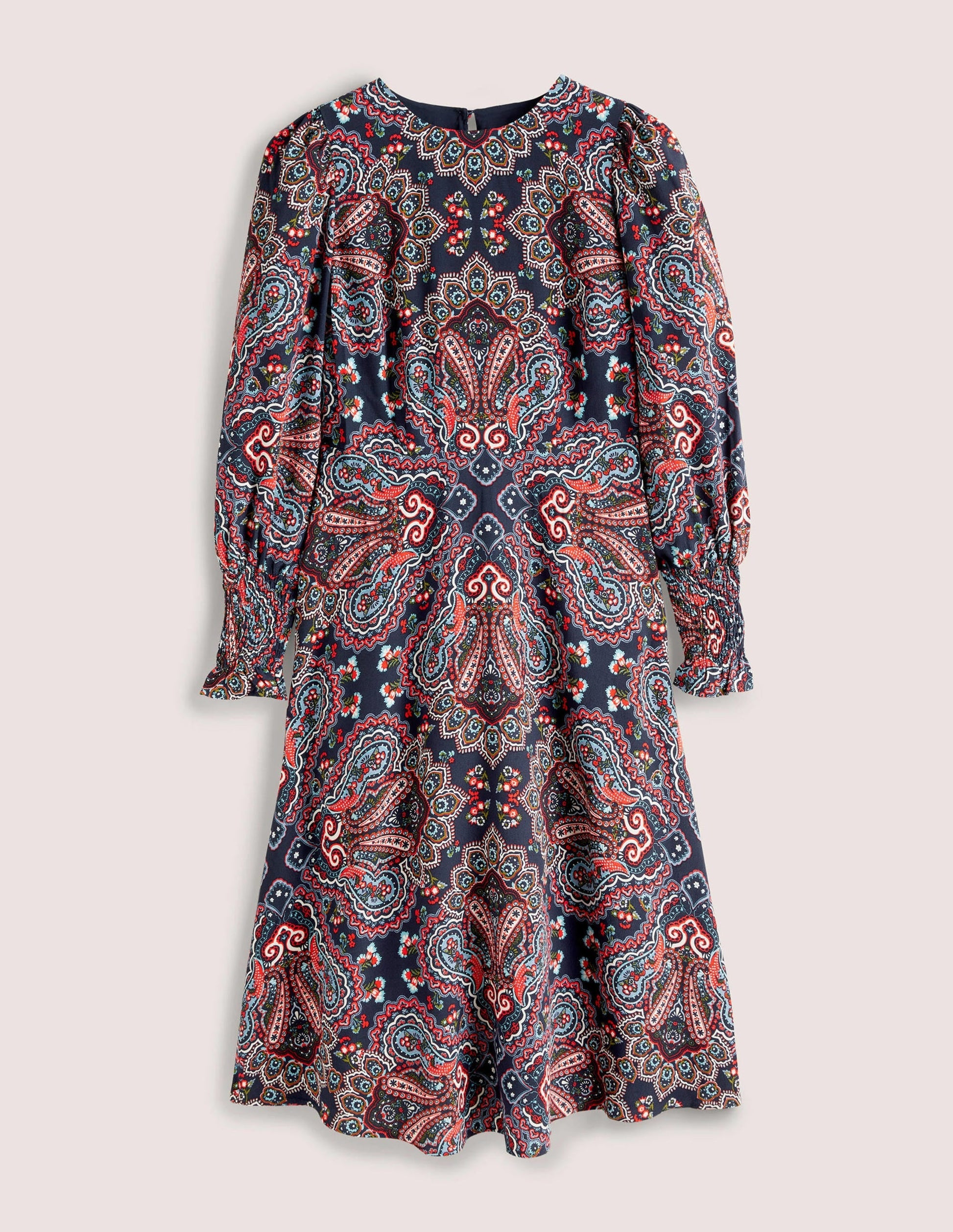 Smocked Cuff Midi Dress-Navy, Botanic Paisley-6