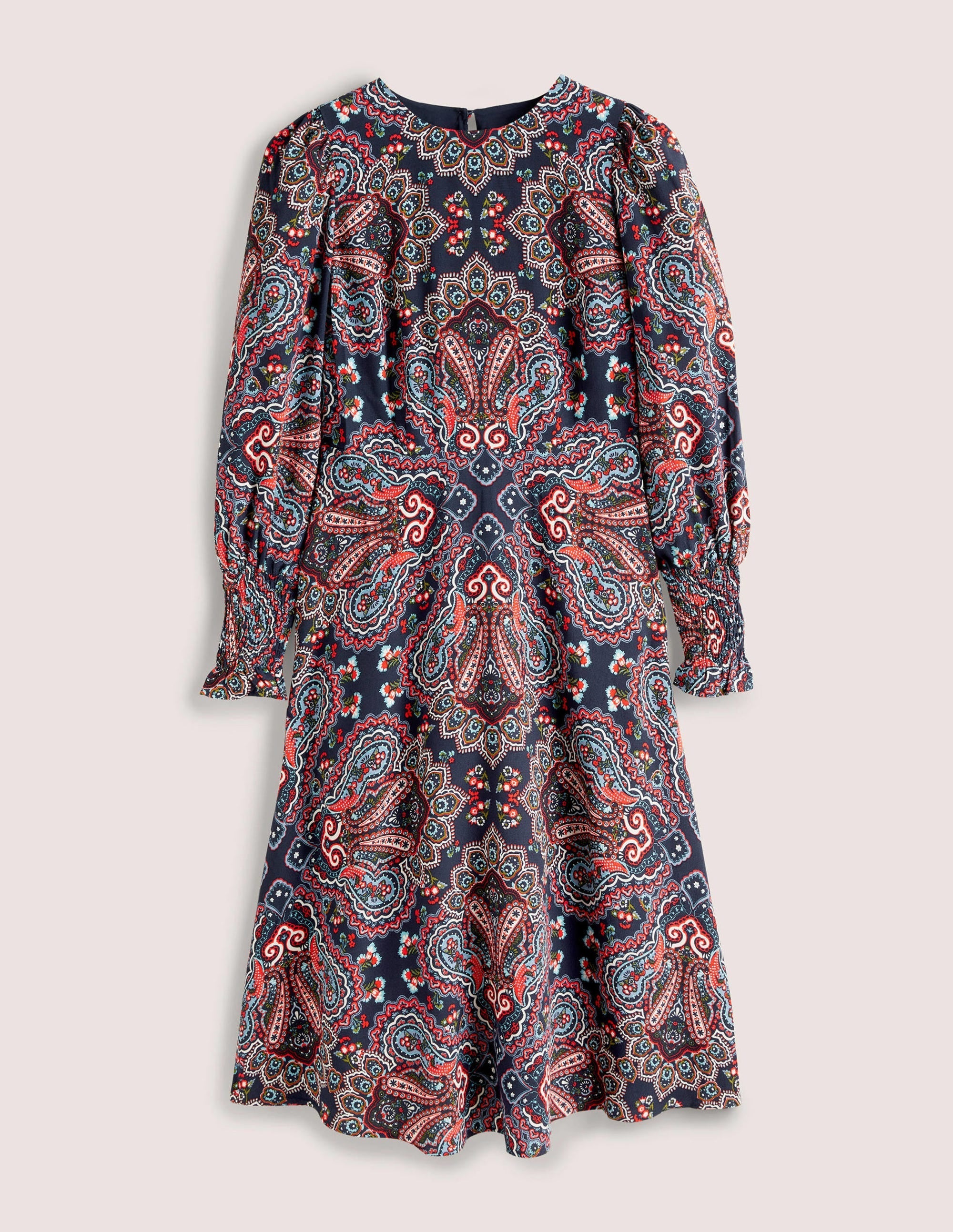 Smocked Cuff Midi Dress-Navy, Botanic Paisley - Image 6