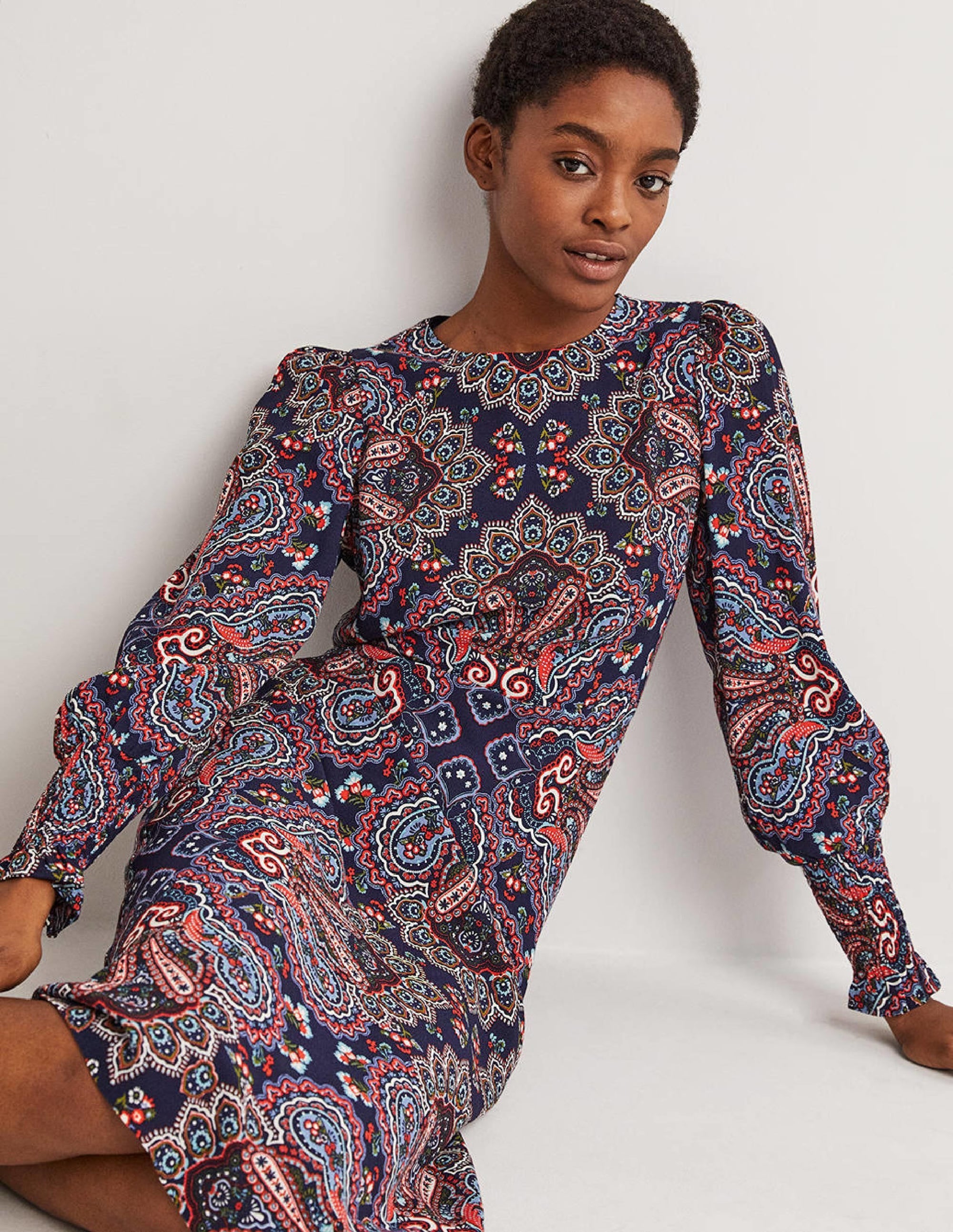 Smocked Cuff Midi Dress-Navy, Botanic Paisley - Image 1