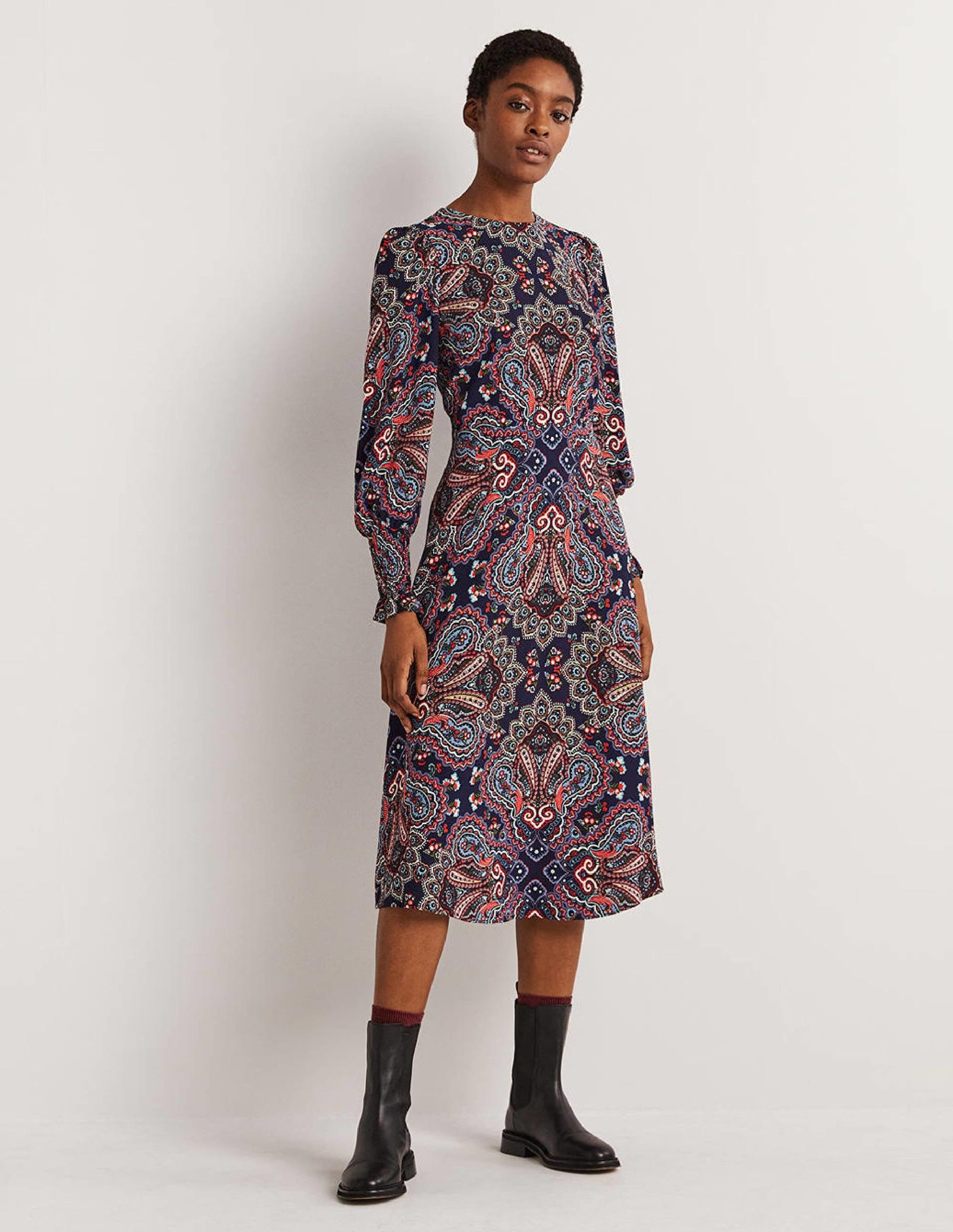 Smocked Cuff Midi Dress-Navy, Botanic Paisley-2