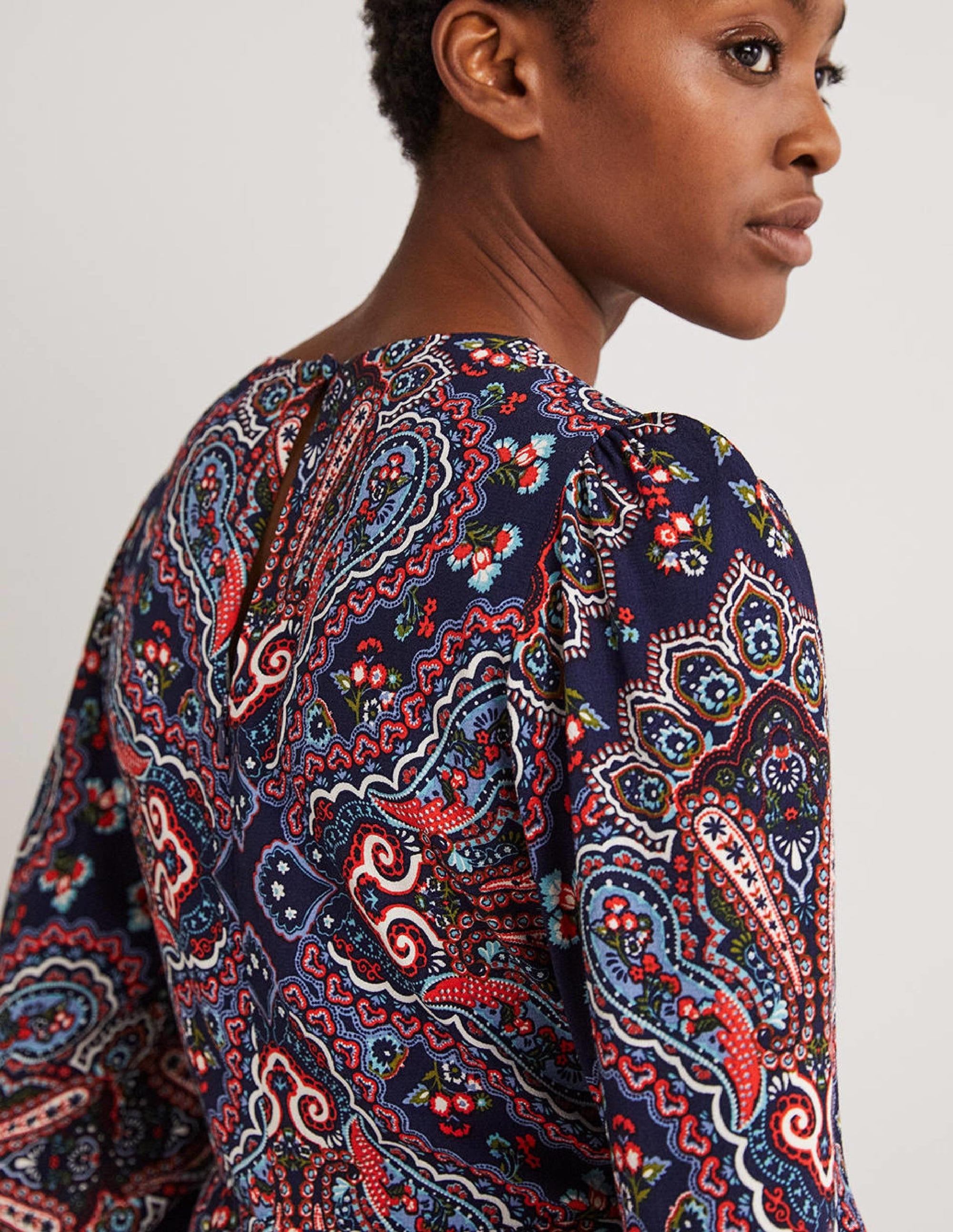 Smocked Cuff Midi Dress-Navy, Botanic Paisley - Image 3