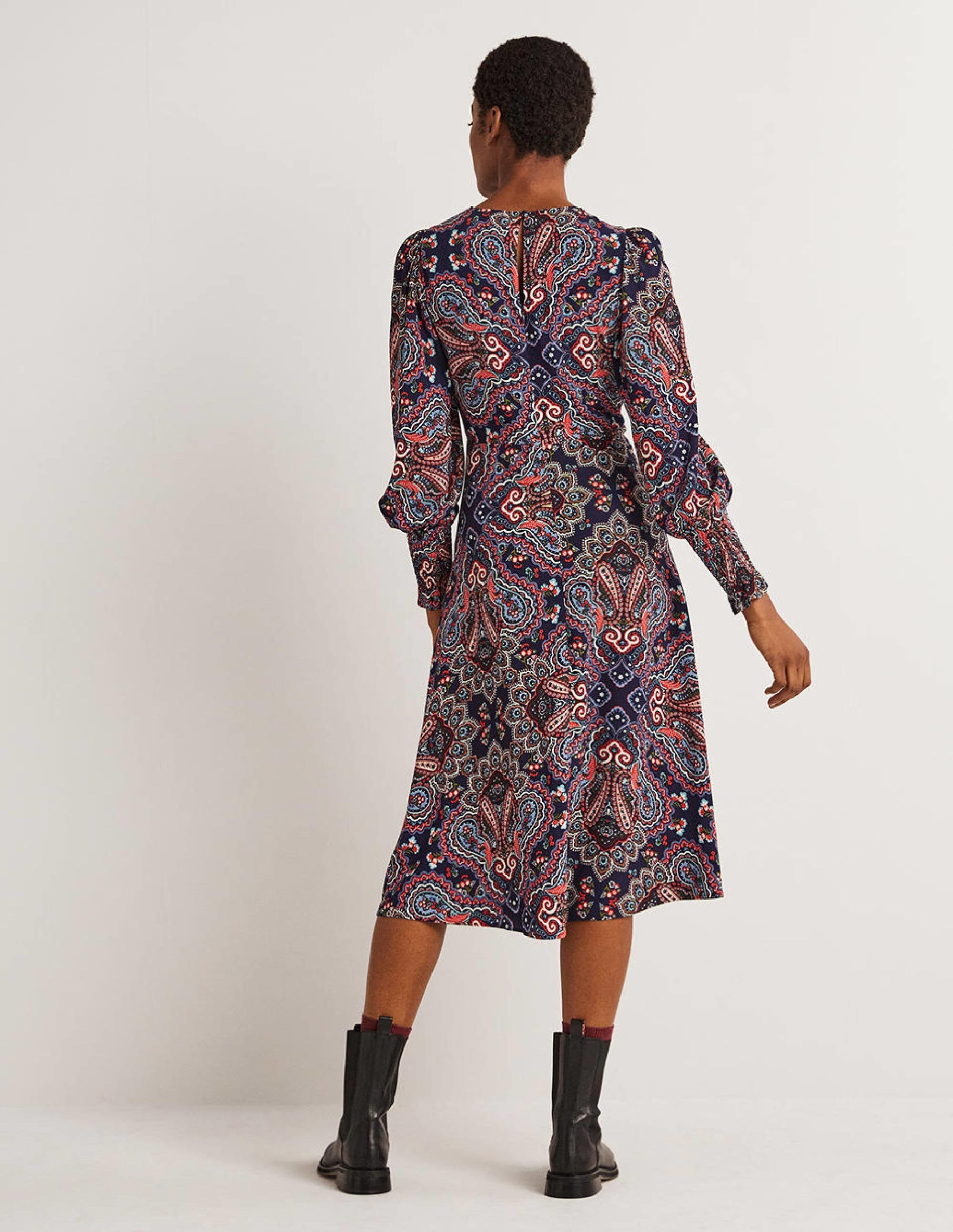 Smocked Cuff Midi Dress-Navy, Botanic Paisley - Image 4
