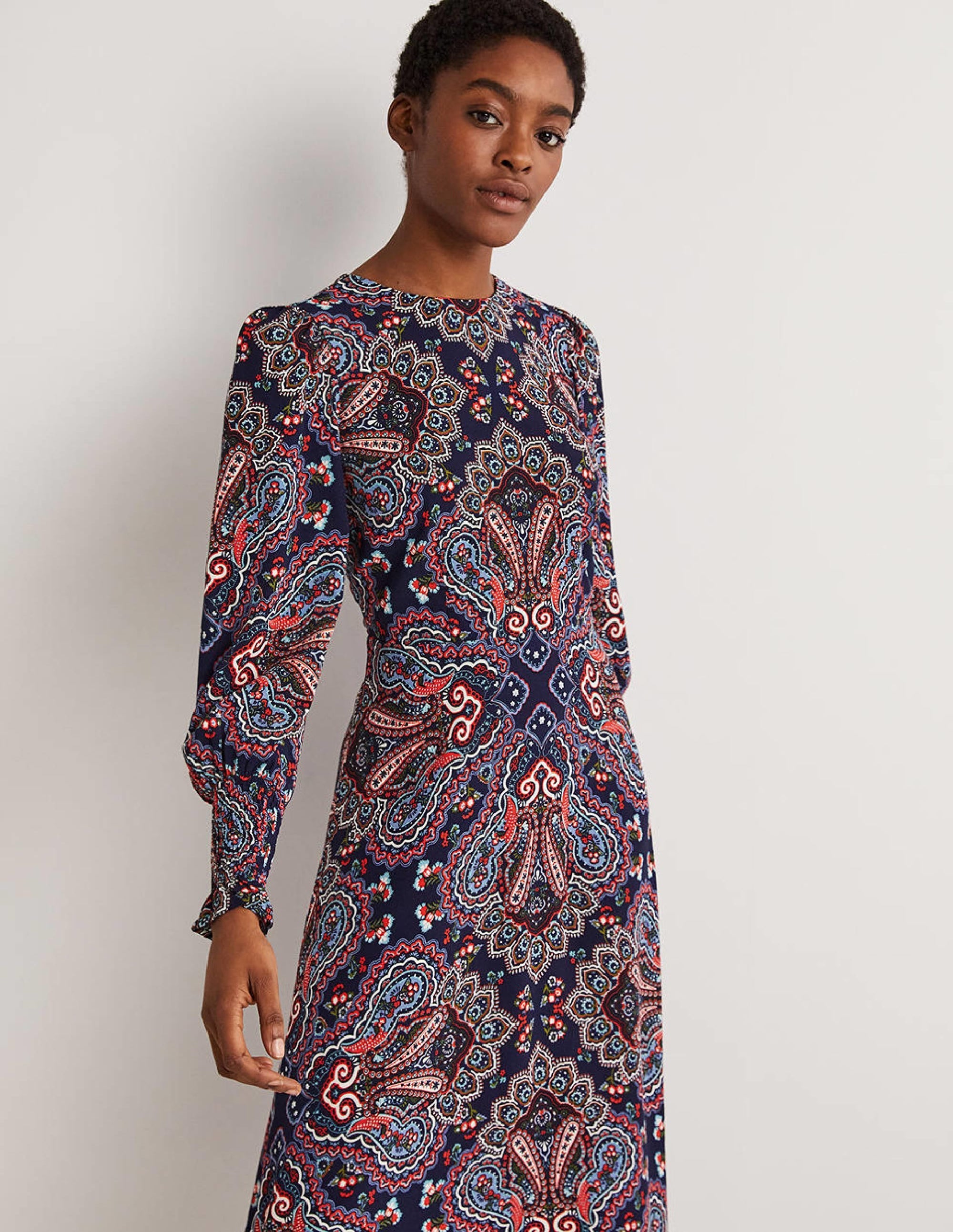 Smocked Cuff Midi Dress-Navy, Botanic Paisley - Image 5