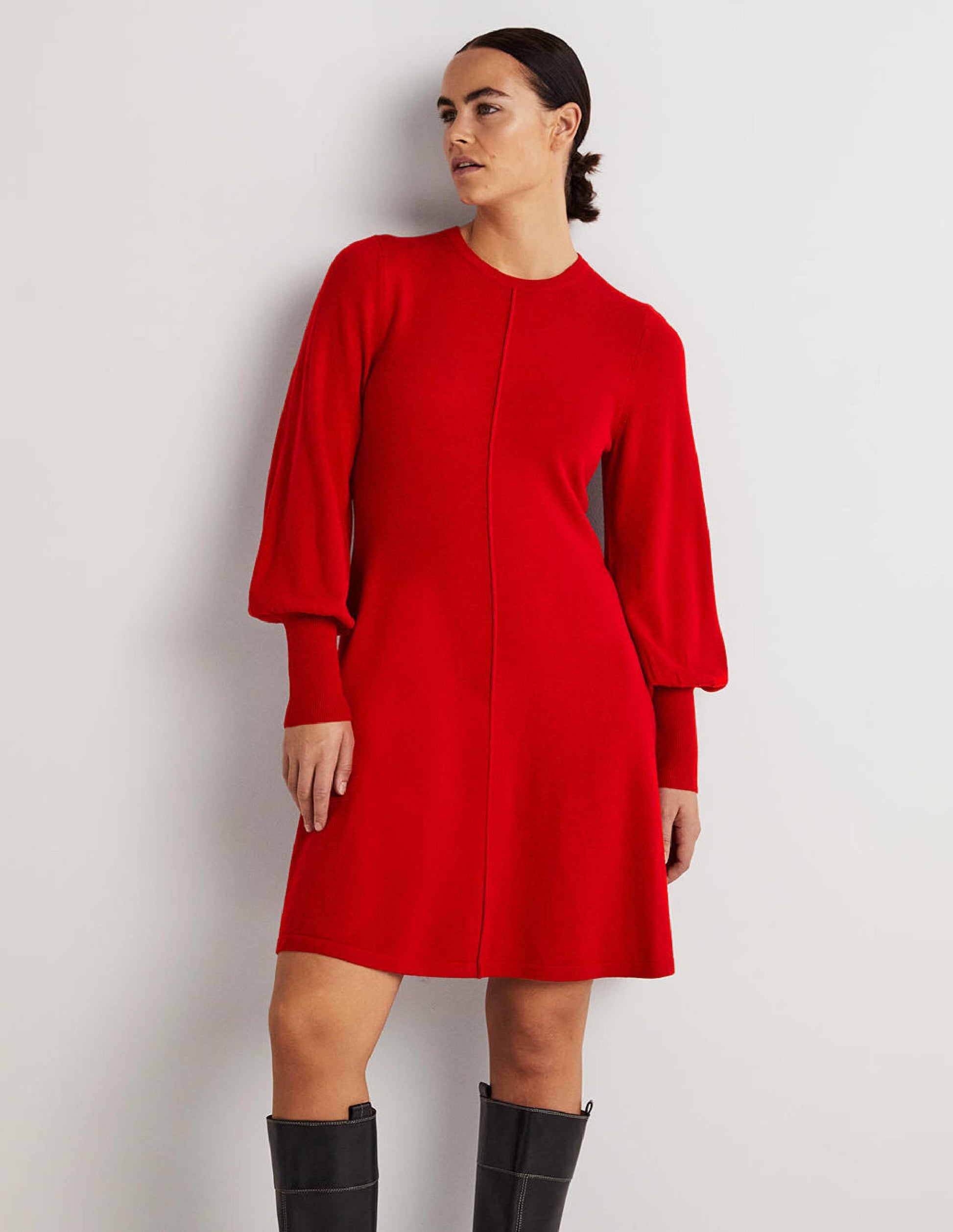 Cuff Detail Knitted Mini Dress-Poinsettia-1
