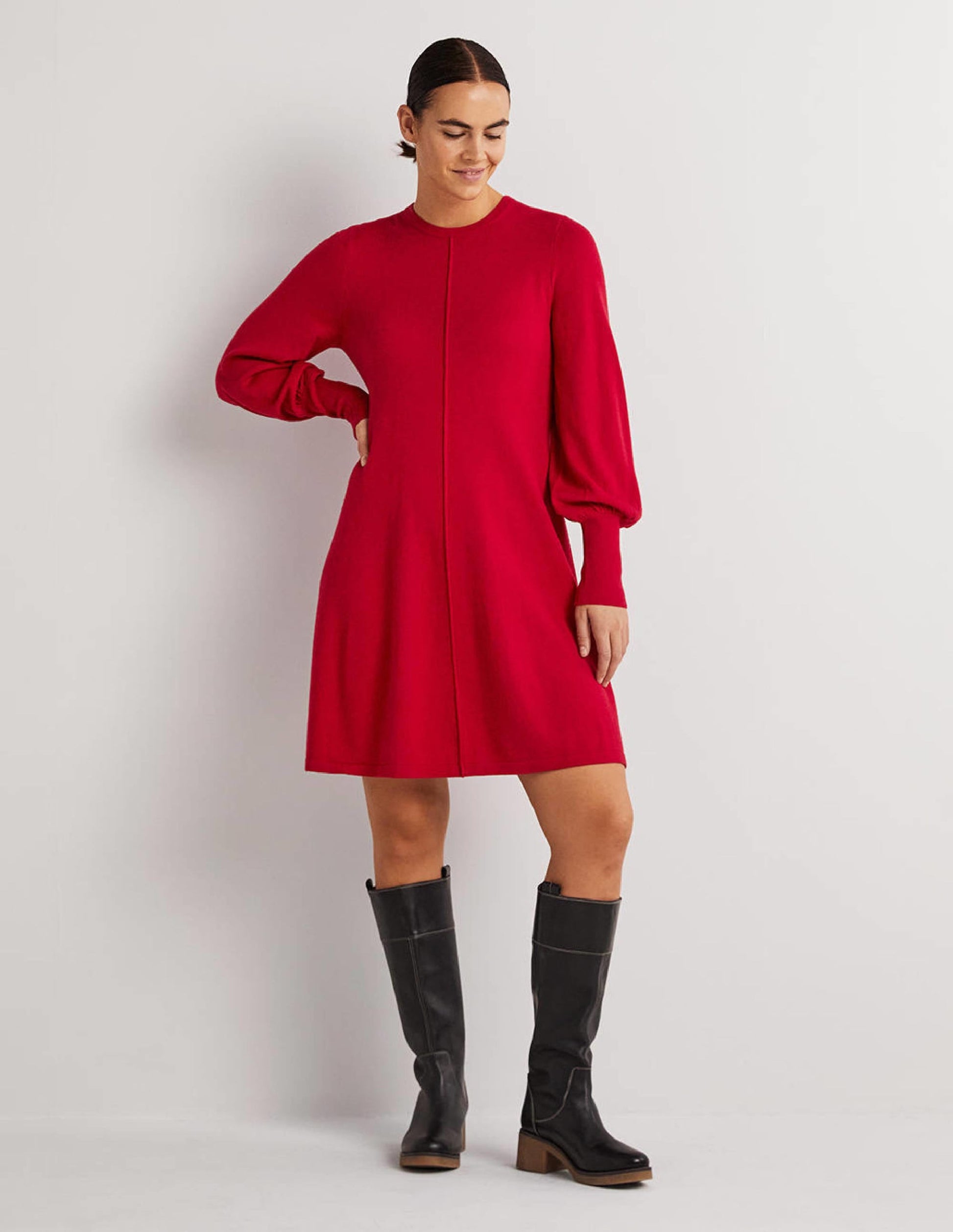 Cuff Detail Knitted Mini Dress-Poinsettia-4