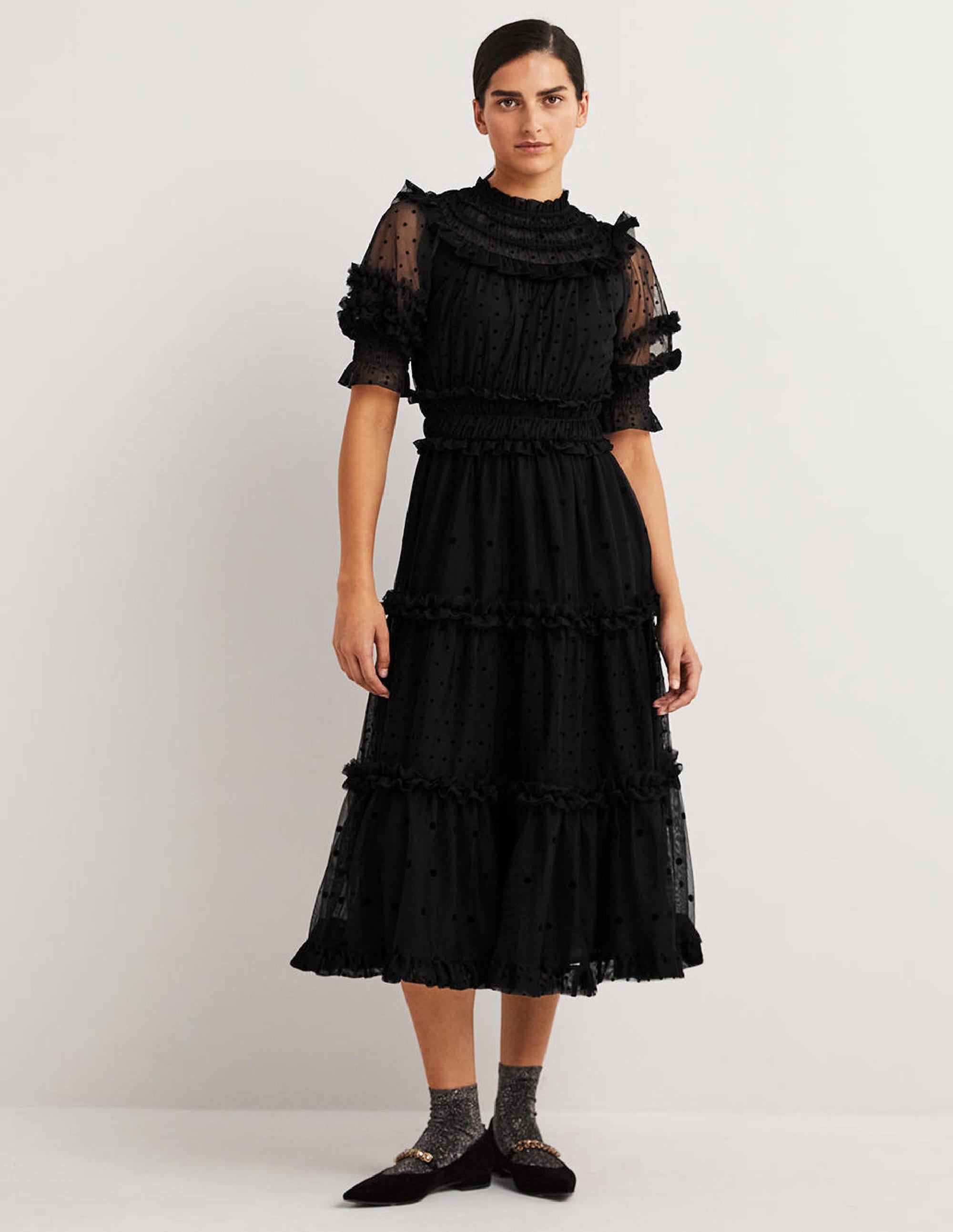Black Polka Dot Tulle Midi Dress-Black - Image 1