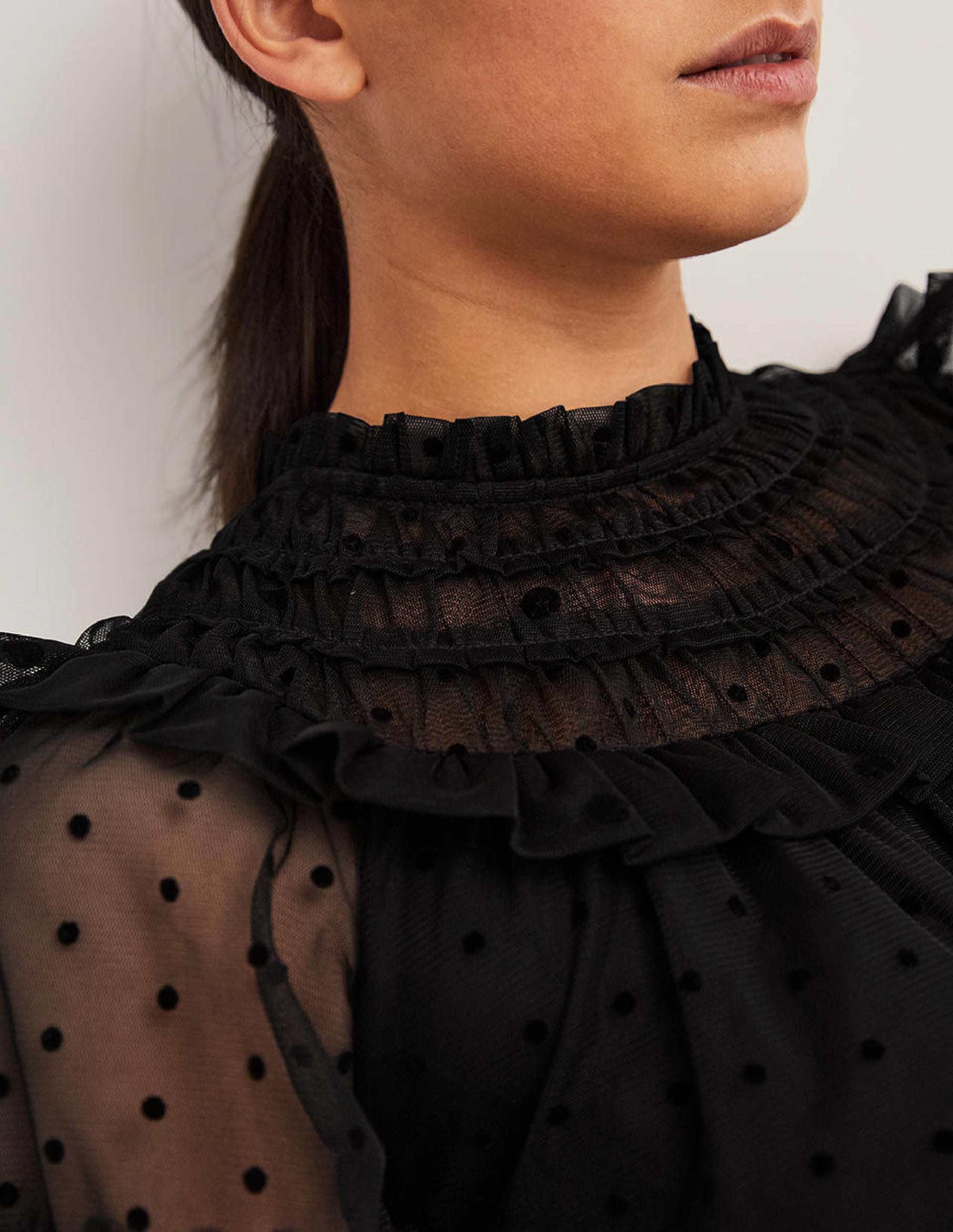 Black Polka Dot Tulle Midi Dress-Black - Image 2