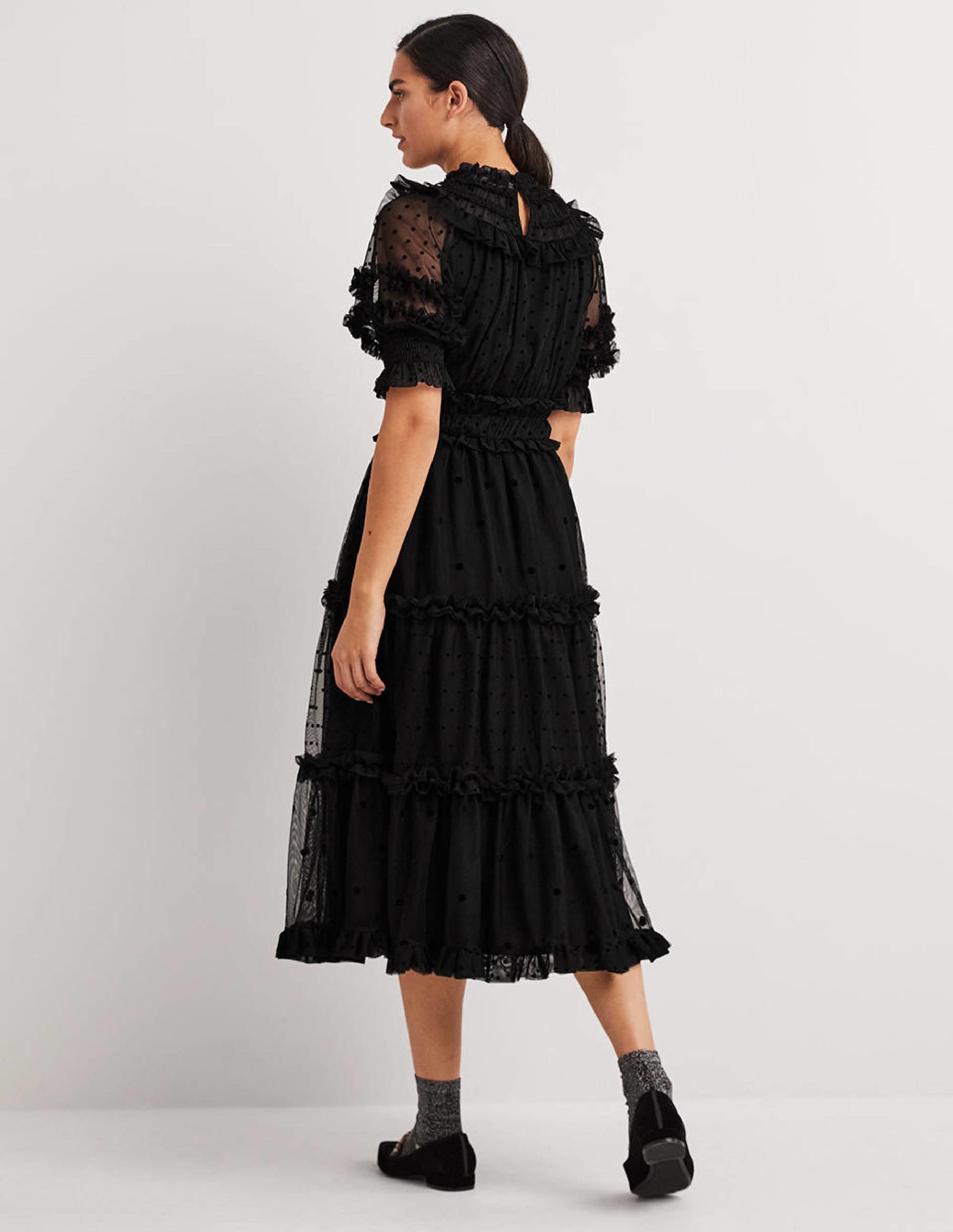 Black Polka Dot Tulle Midi Dress-Black - Image 3
