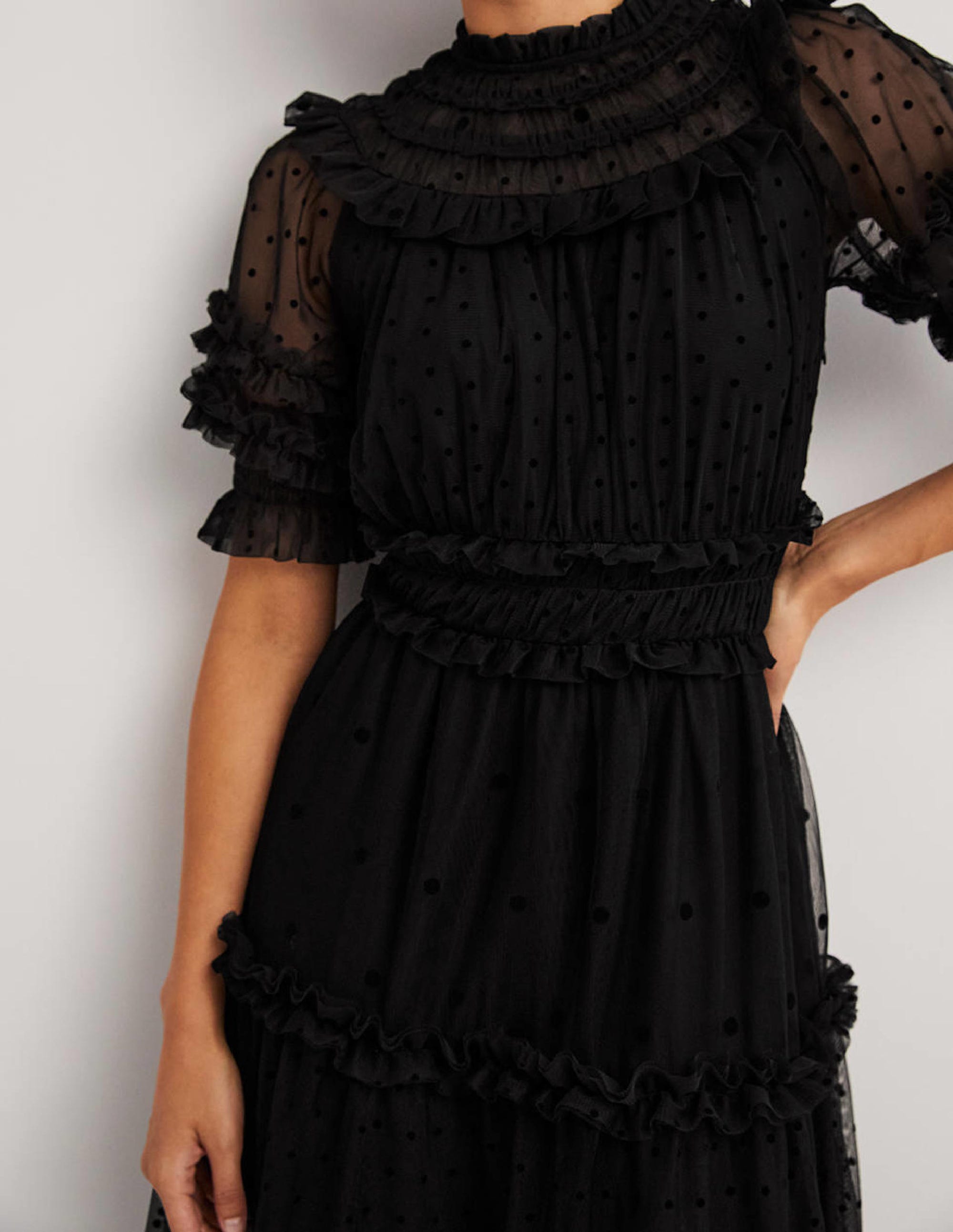 Black Polka Dot Tulle Midi Dress-Black - Image 4