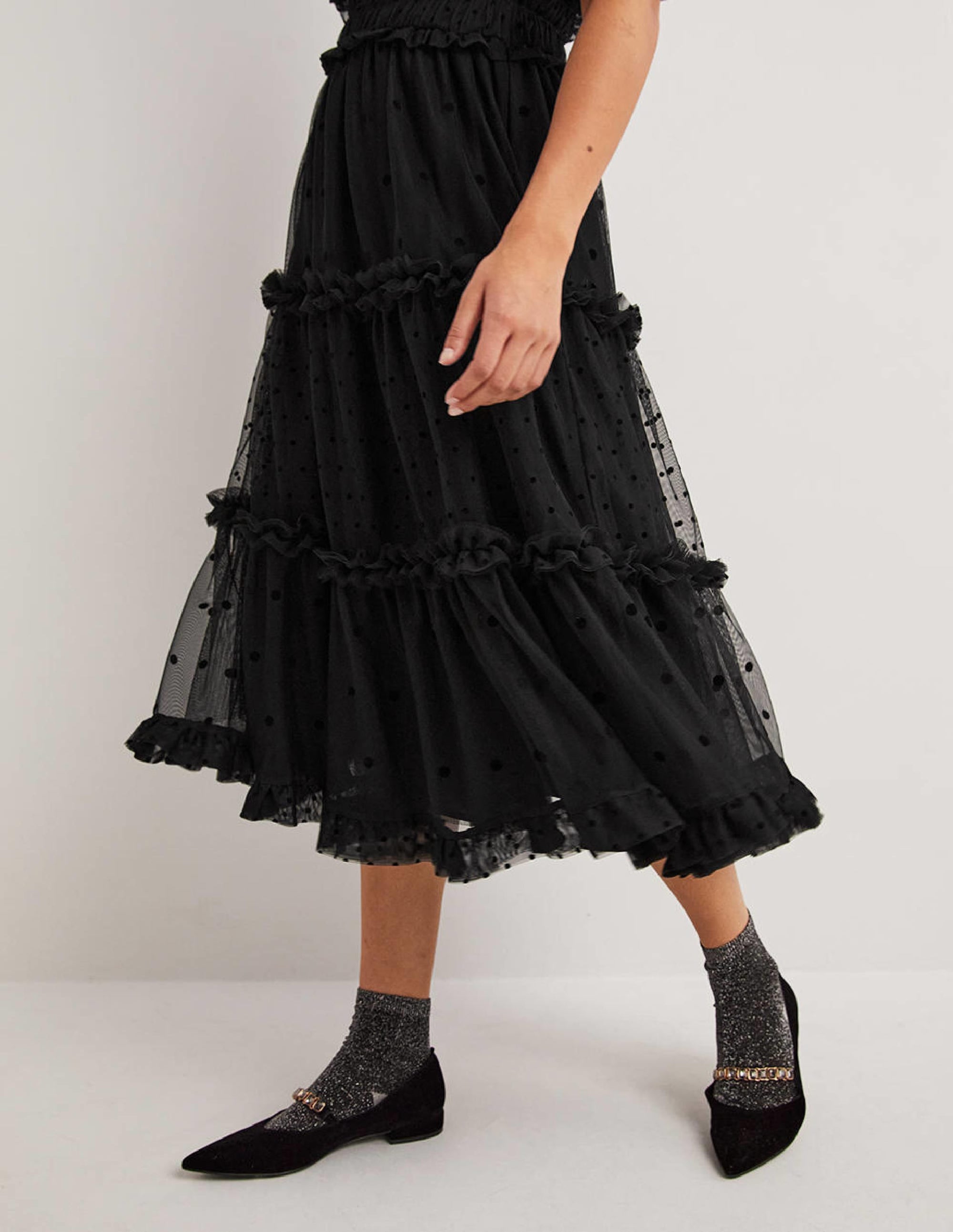 Black Polka Dot Tulle Midi Dress-Black - Image 5