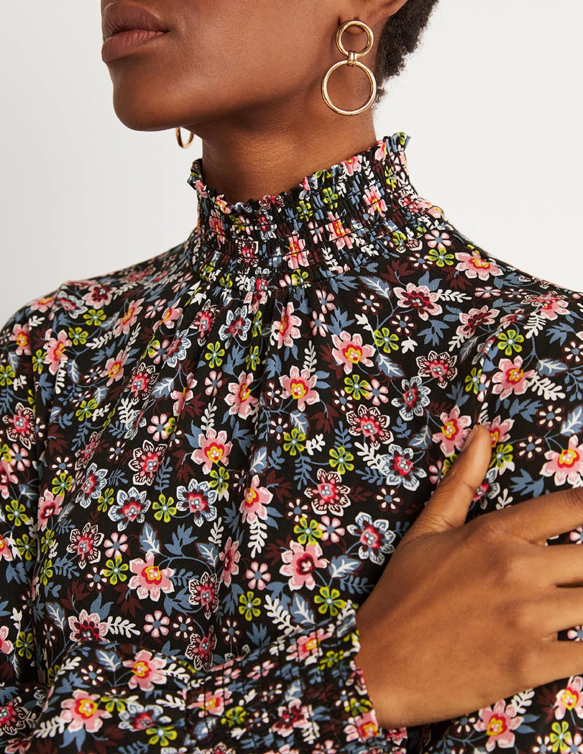 Black Floral High-Neck Shift Dress-Black, Opulent Leaf-2